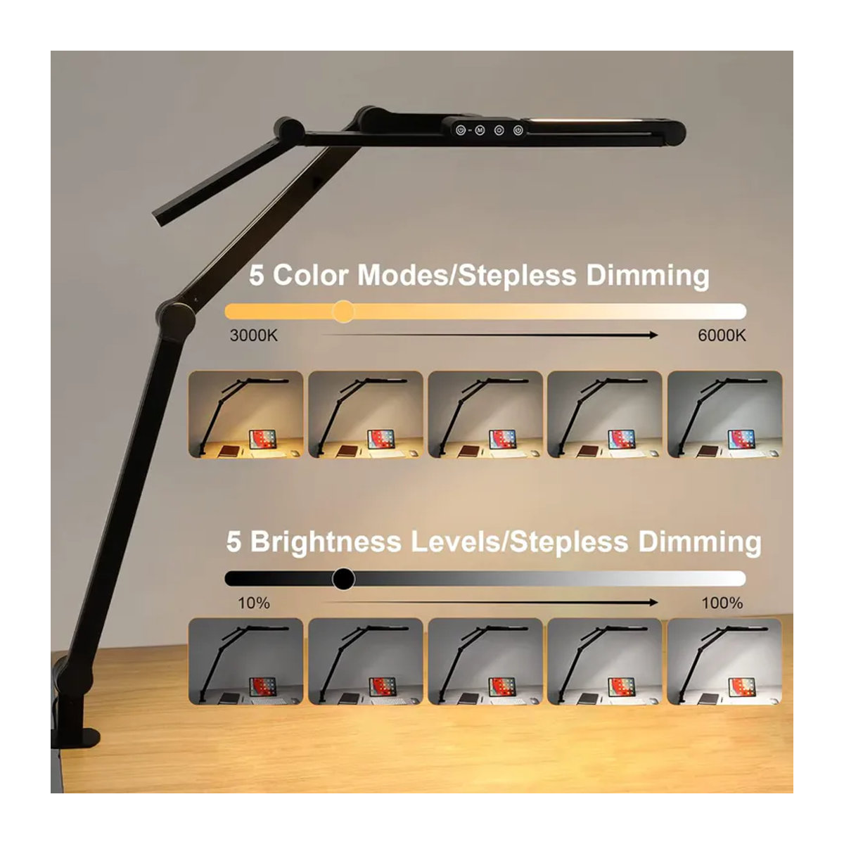 Mexllex LED Schreibtischlampe Schwarz mit Klemme, 24W Architektenlampe mit automatischer Dimmung und Sensor für das Büro - Bild 3