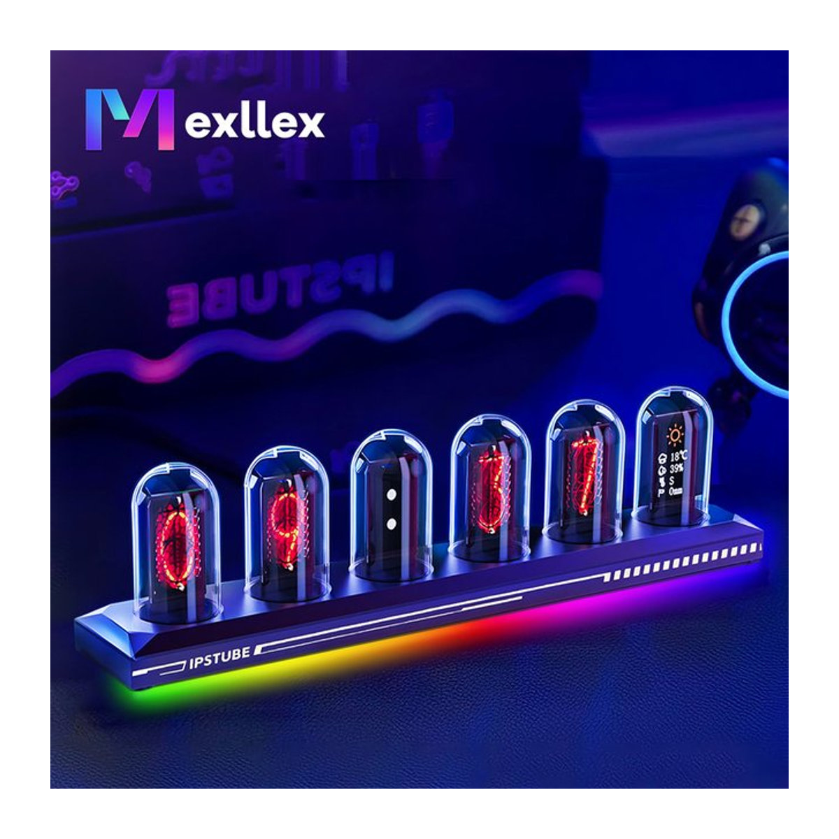 Mexllex Nixie Tube RGB Retro Digitaluhr in Schwarz mit IPS-Display, Wi-Fi und App-Steuerung - Bild 1