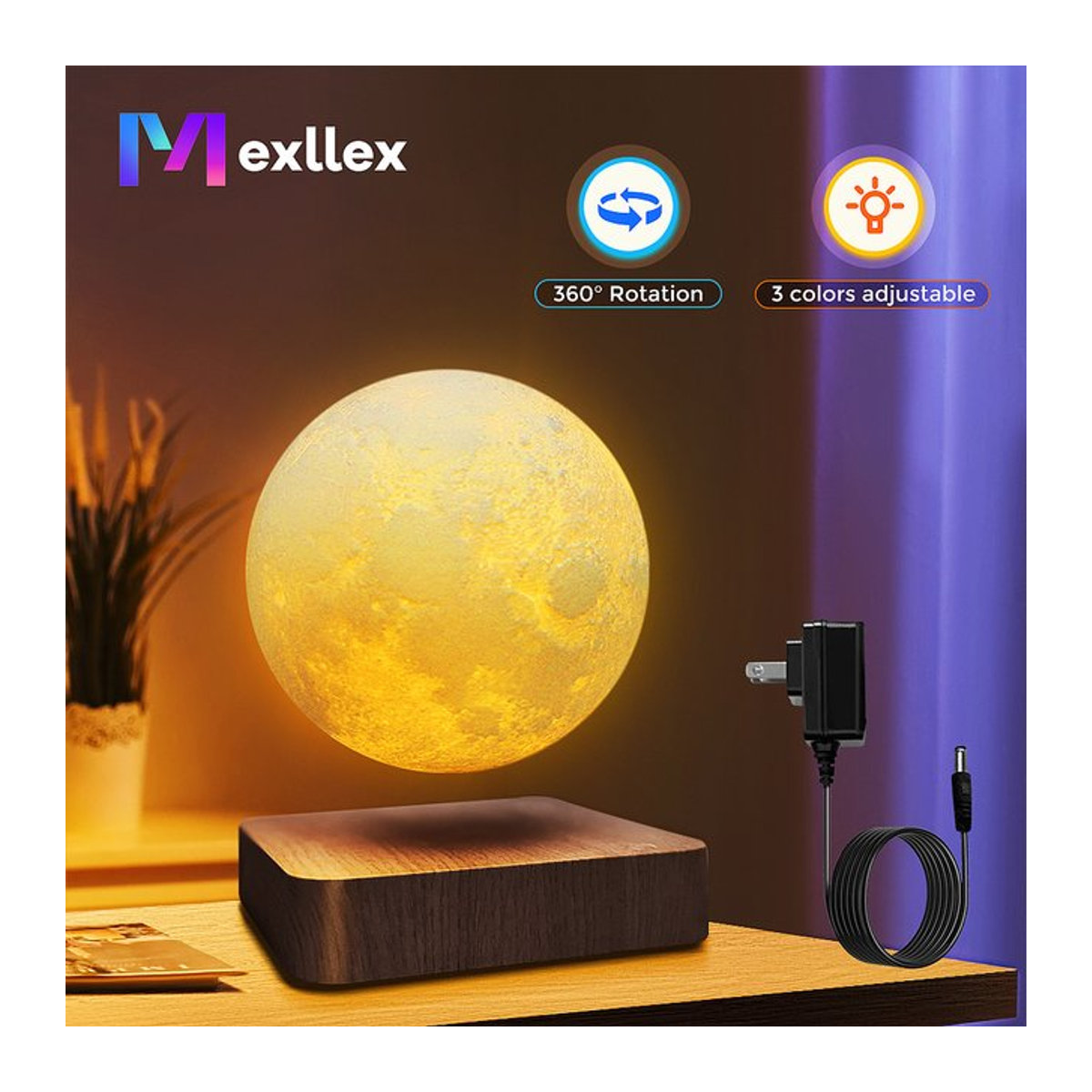 Mexllex Schwebender Mond Magnetisches Nachtlicht mit 3 Farbtemperaturen und LED-Technik, Moderne 3D Tischlampe mit Holzsockel in Braun - Bild 1