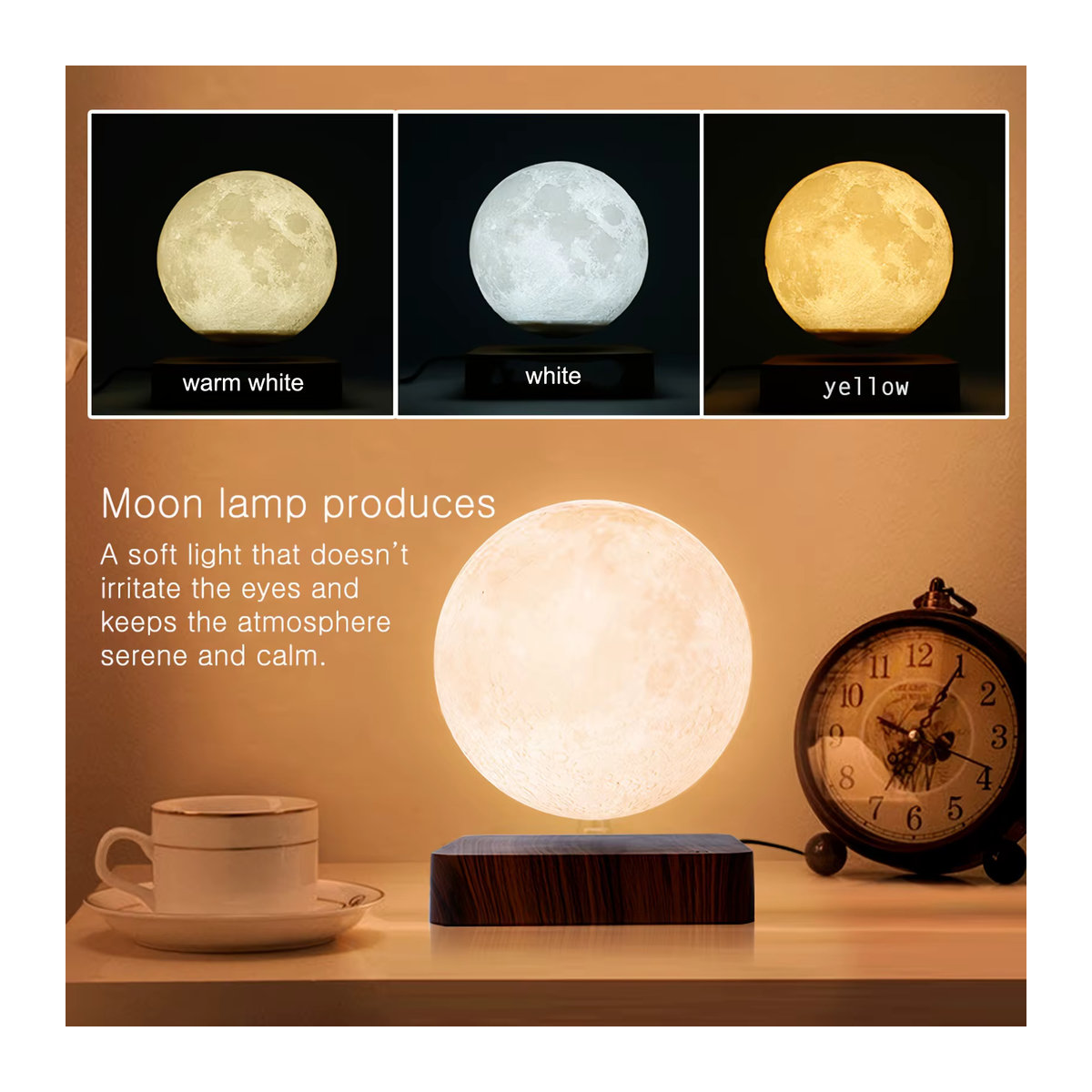 Mexllex Schwebender Mond Magnetisches Nachtlicht mit 3 Farbtemperaturen und LED-Technik, Moderne 3D Tischlampe mit Holzsockel in Braun - Bild 2