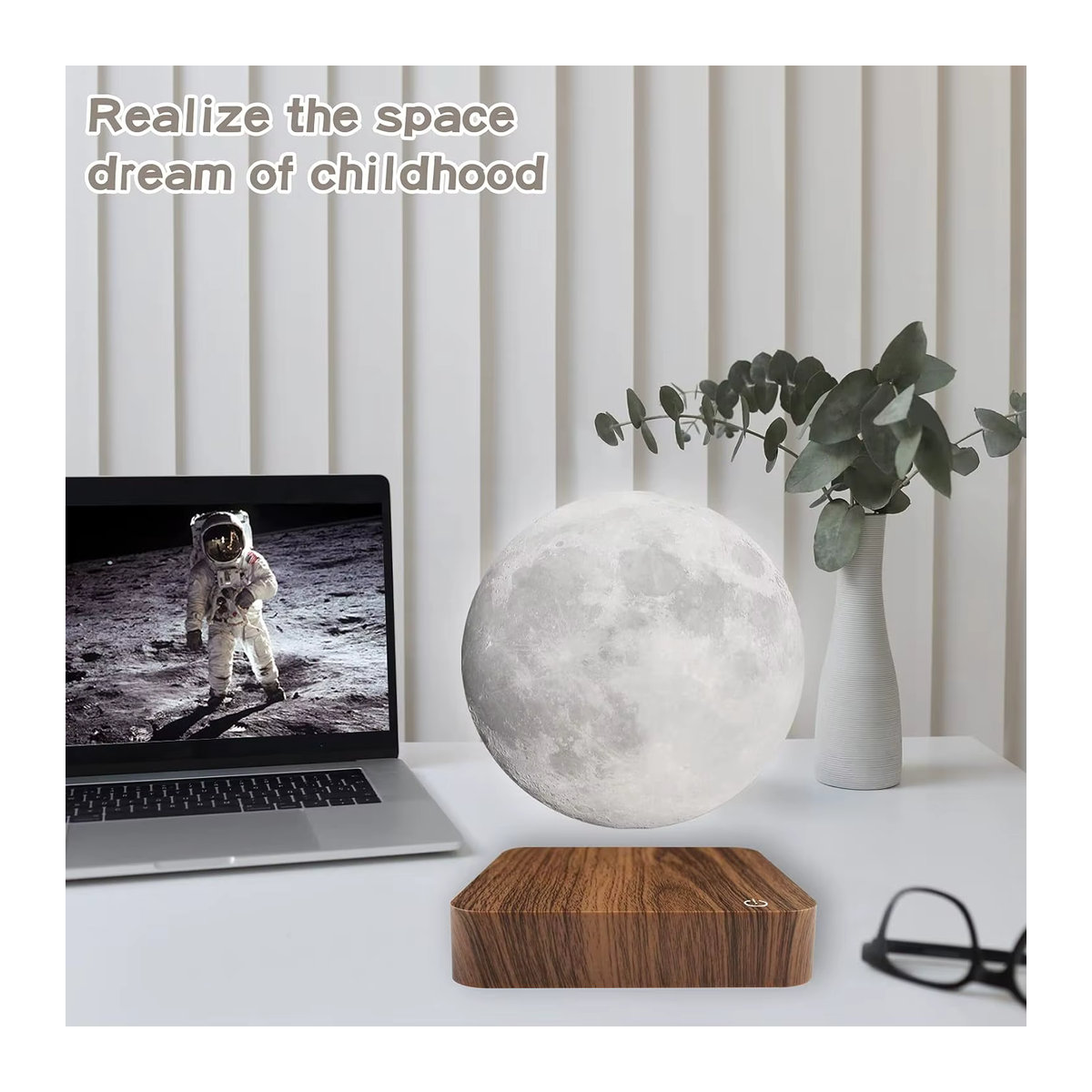 Mexllex Schwebender Mond Magnetisches Nachtlicht mit 3 Farbtemperaturen und LED-Technik, Moderne 3D Tischlampe mit Holzsockel in Braun - Bild 3