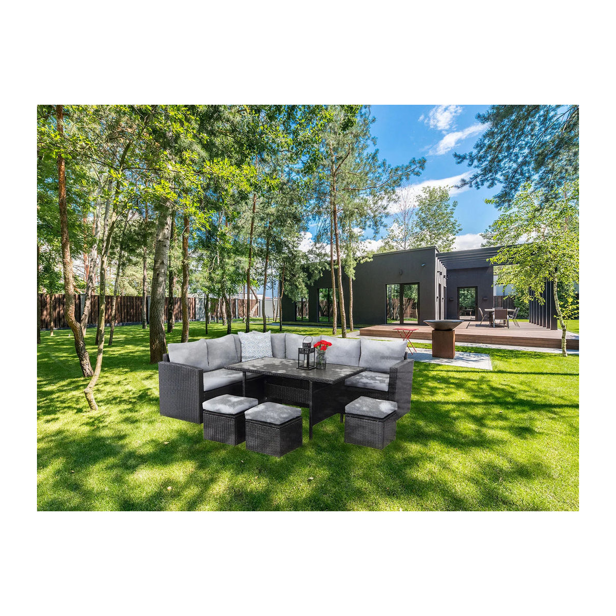MeXo 9-Sitzer Lounge Set aus Polyrattan mit Polstern in Schwarz und Grau - Bild 2
