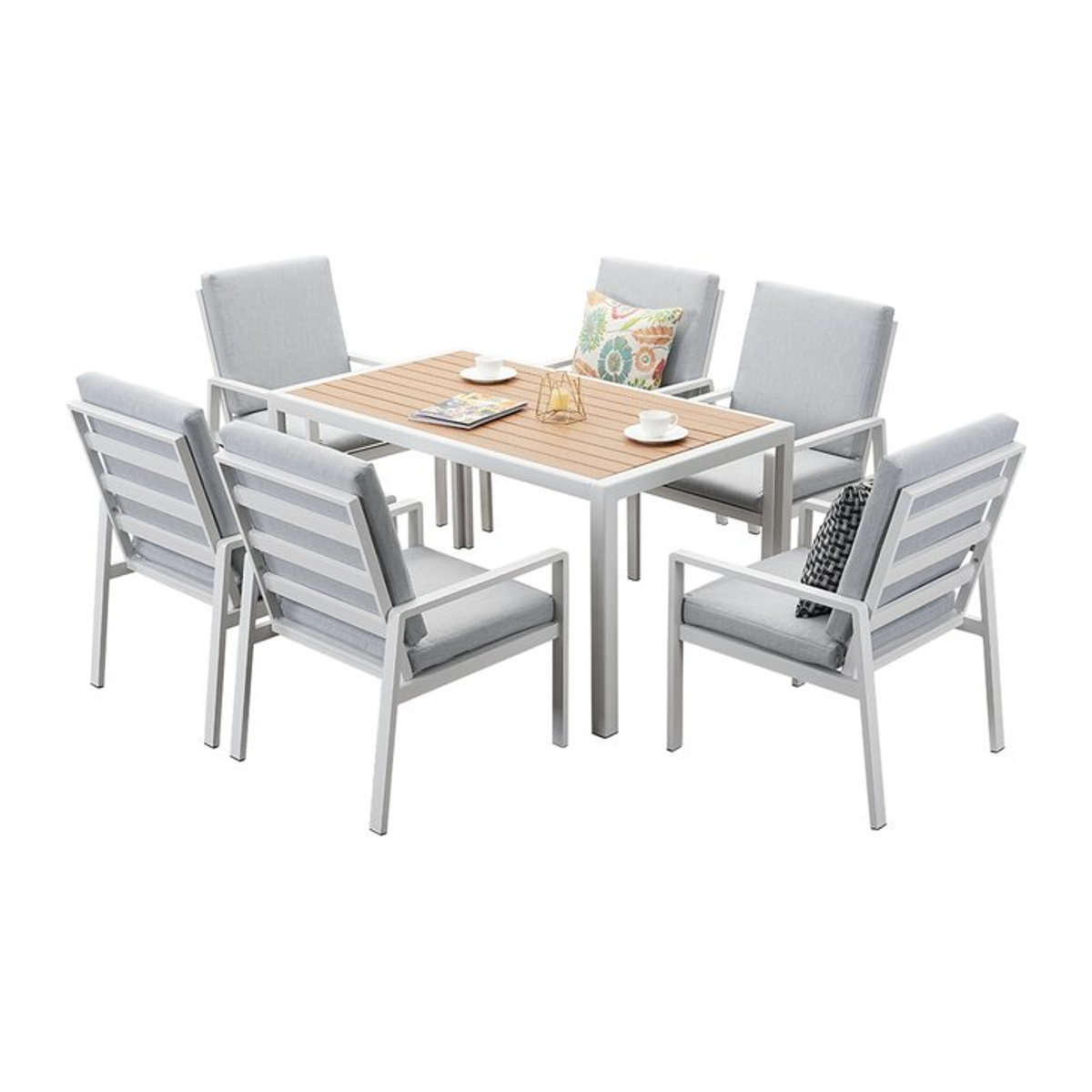 MEXO Gartenmöbel Dining Set Levante 7-teiliges Terrassenmöbel Set mit 6 Sesseln und Esstisch in Weiß und Hellgrau - Bild 1