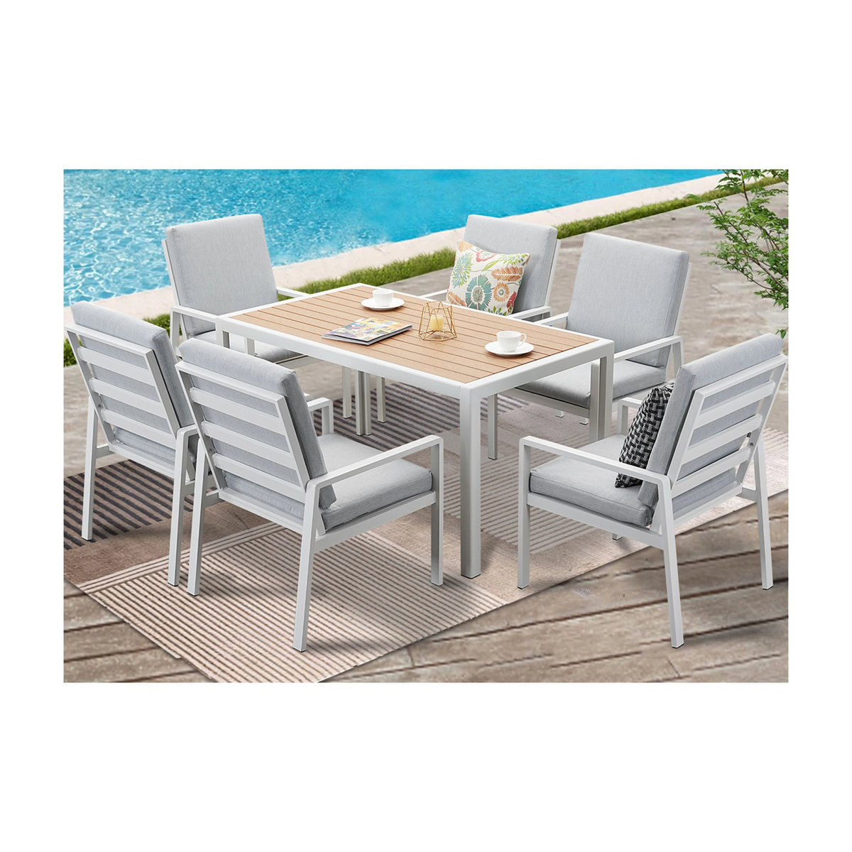 MEXO Gartenmöbel Dining Set Levante 7-teiliges Terrassenmöbel Set mit 6 Sesseln und Esstisch in Weiß und Hellgrau - Bild 2