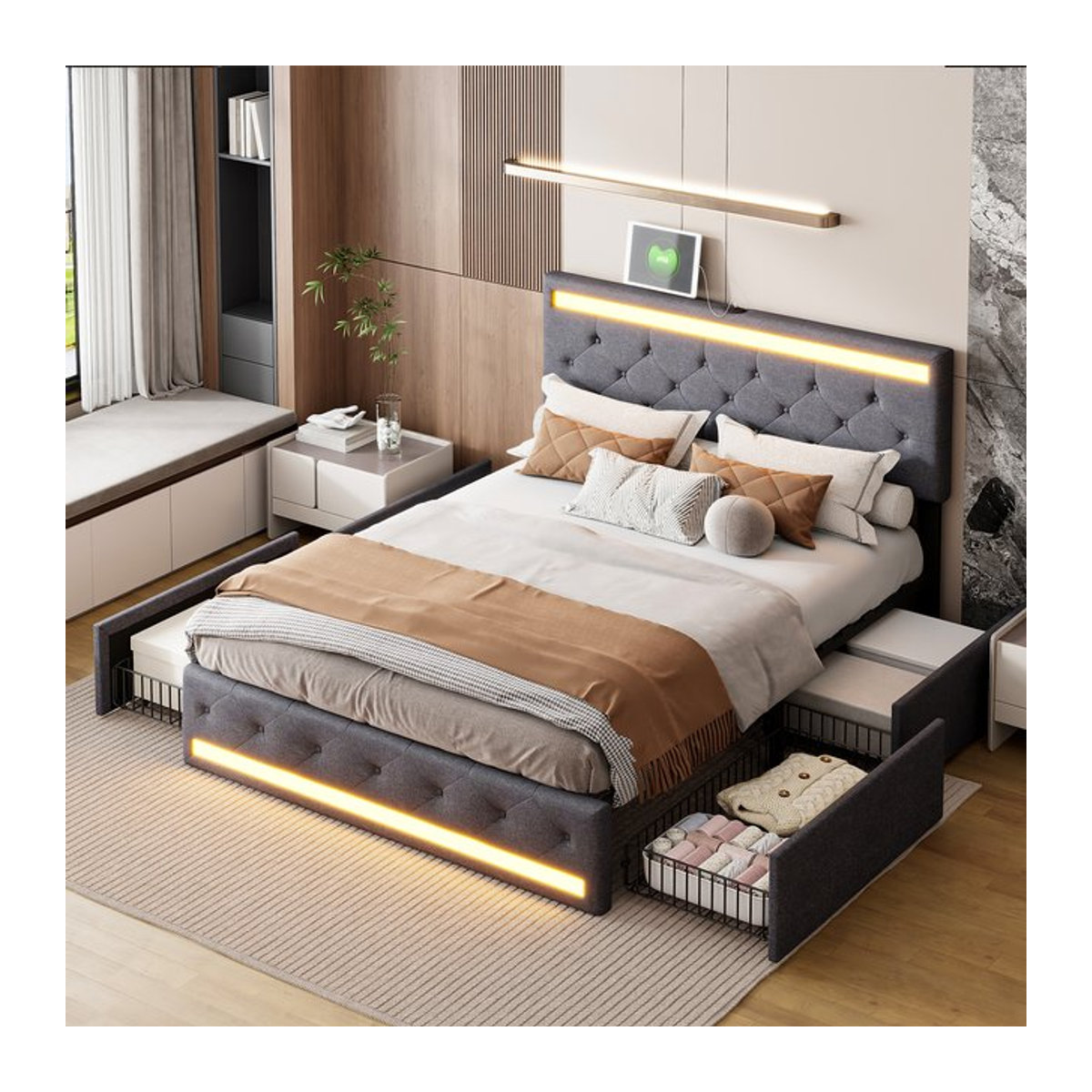 MGMYM Polsterbett mit Stauraum und 4 Schubladen, LED-Beleuchtung und USB-Anschlüssen, Grau, B: 140 cm, T: 190 cm - Bild 1