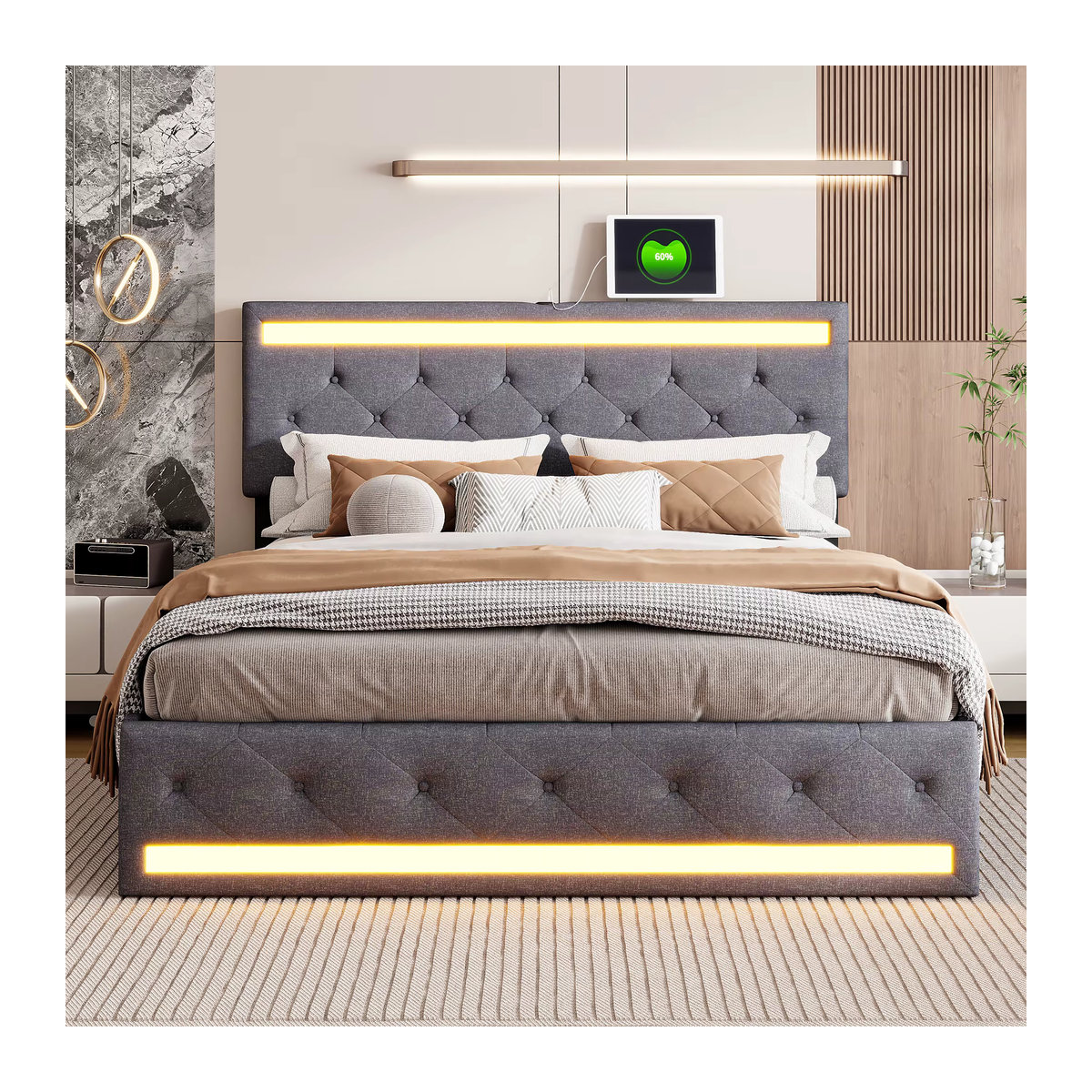 MGMYM Polsterbett mit Stauraum und 4 Schubladen, LED-Beleuchtung und USB-Anschlüssen, Grau, B: 140 cm, T: 190 cm - Bild 2
