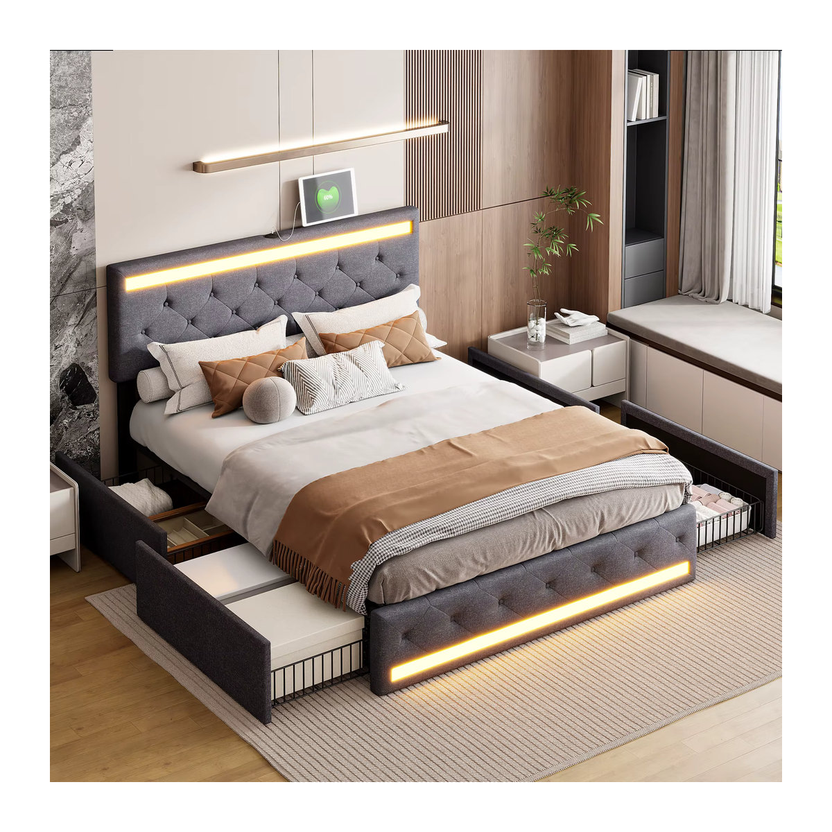 MGMYM Polsterbett mit Stauraum und 4 Schubladen, LED-Beleuchtung und USB-Anschlüssen, Grau, B: 140 cm, T: 190 cm - Bild 3