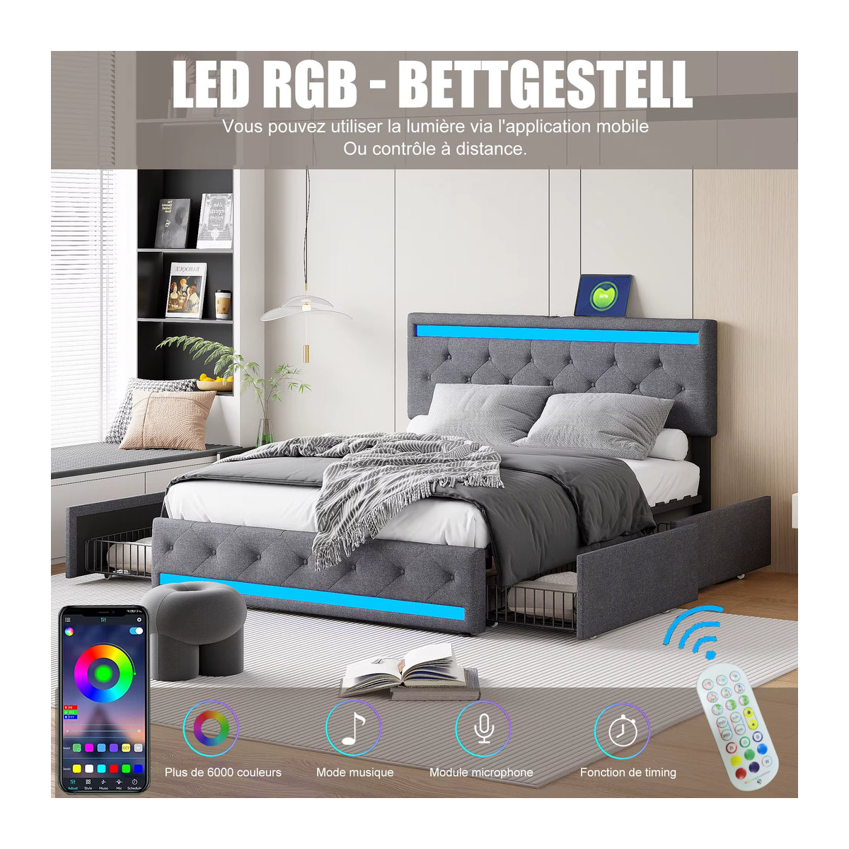 MGMYM Polsterbett mit Stauraum und 4 Schubladen, LED-Beleuchtung und USB-Anschlüssen, Grau, B: 140 cm, T: 190 cm - Bild 4