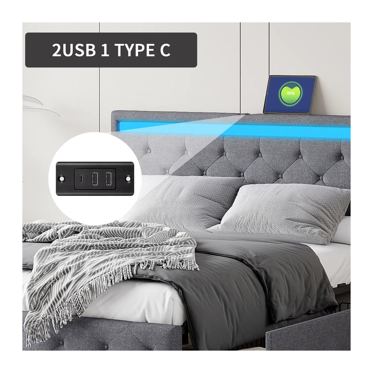 MGMYM Polsterbett mit Stauraum und 4 Schubladen, LED-Beleuchtung und USB-Anschlüssen, Grau, B: 140 cm, T: 190 cm - Bild 6