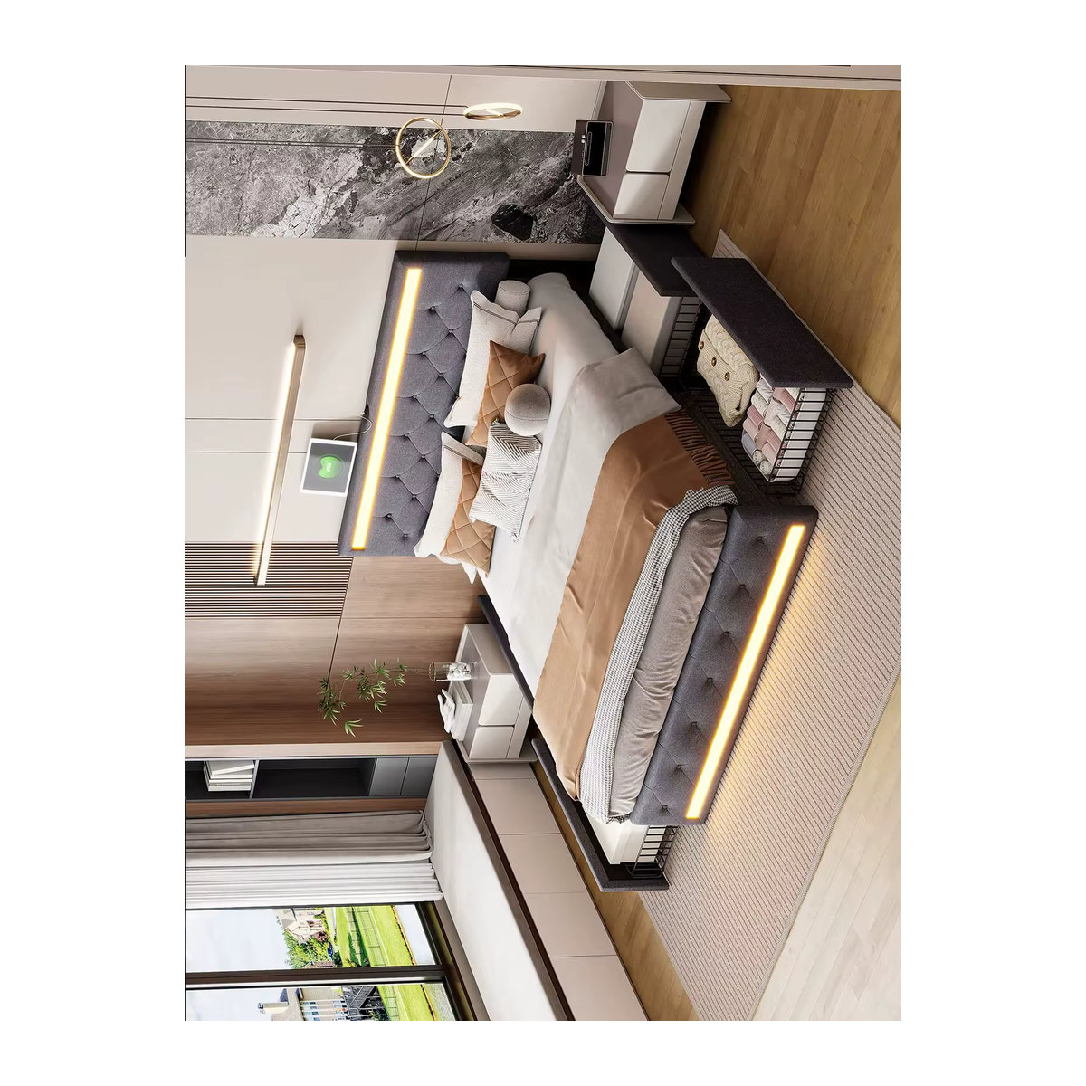 MGMYM Polsterbett mit Stauraum und 4 Schubladen, LED-Beleuchtung und USB-Anschlüssen, Grau, B: 140 cm, T: 190 cm - Bild 7
