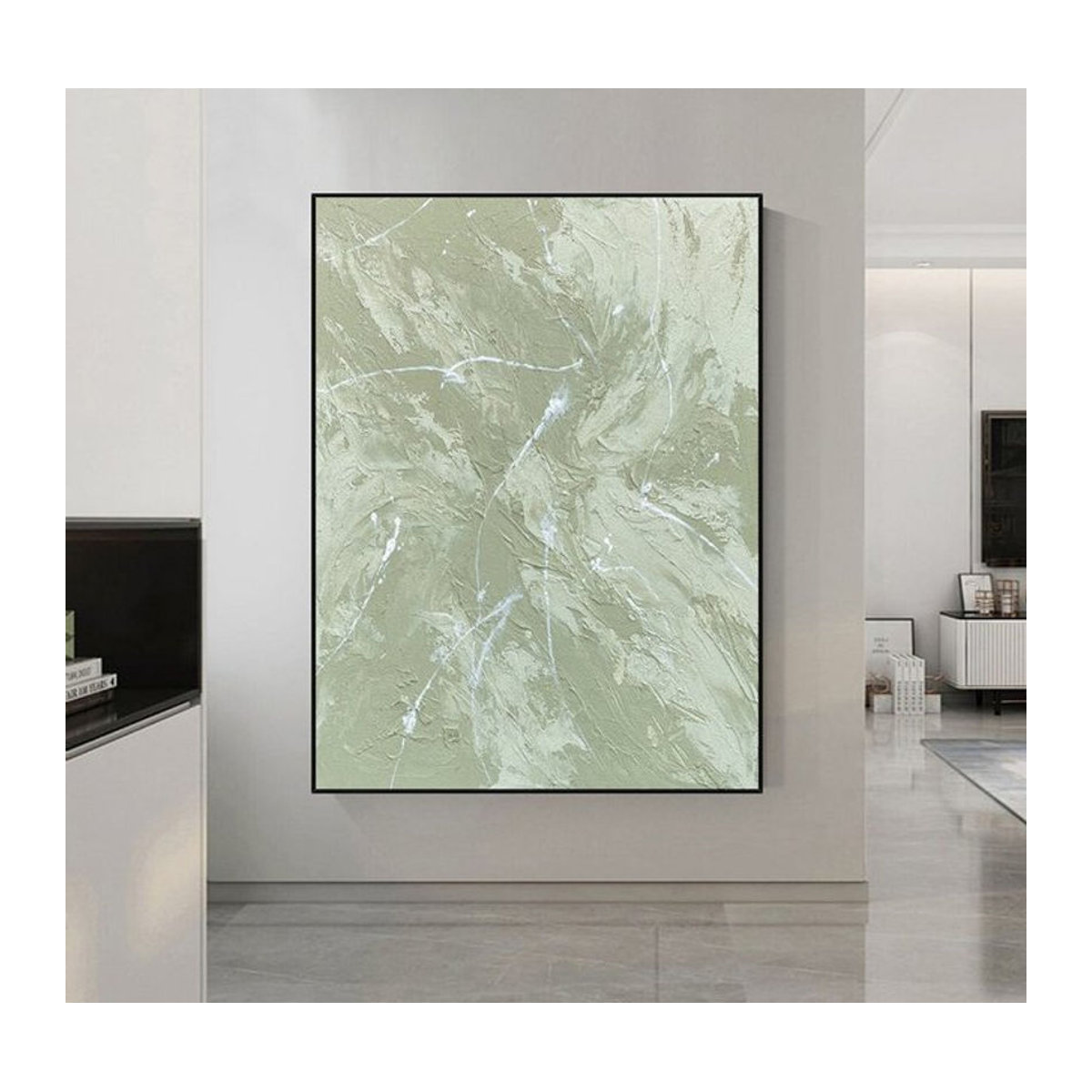 Mhemyo Abstrakte Handgemachte Malerei in Grün und Weiß, Minimalistische Strukturierte Wandkunst für dein Wohnzimmer, Hochformat und Rahmenlos - Bild 1