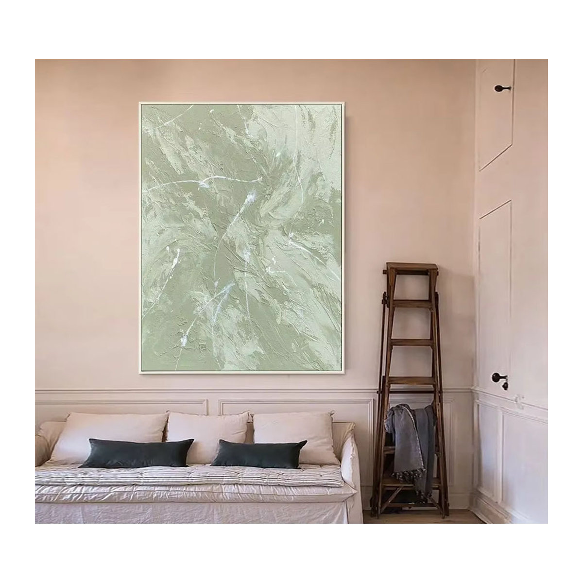Mhemyo Abstrakte Handgemachte Malerei in Grün und Weiß, Minimalistische Strukturierte Wandkunst für dein Wohnzimmer, Hochformat und Rahmenlos - Bild 2