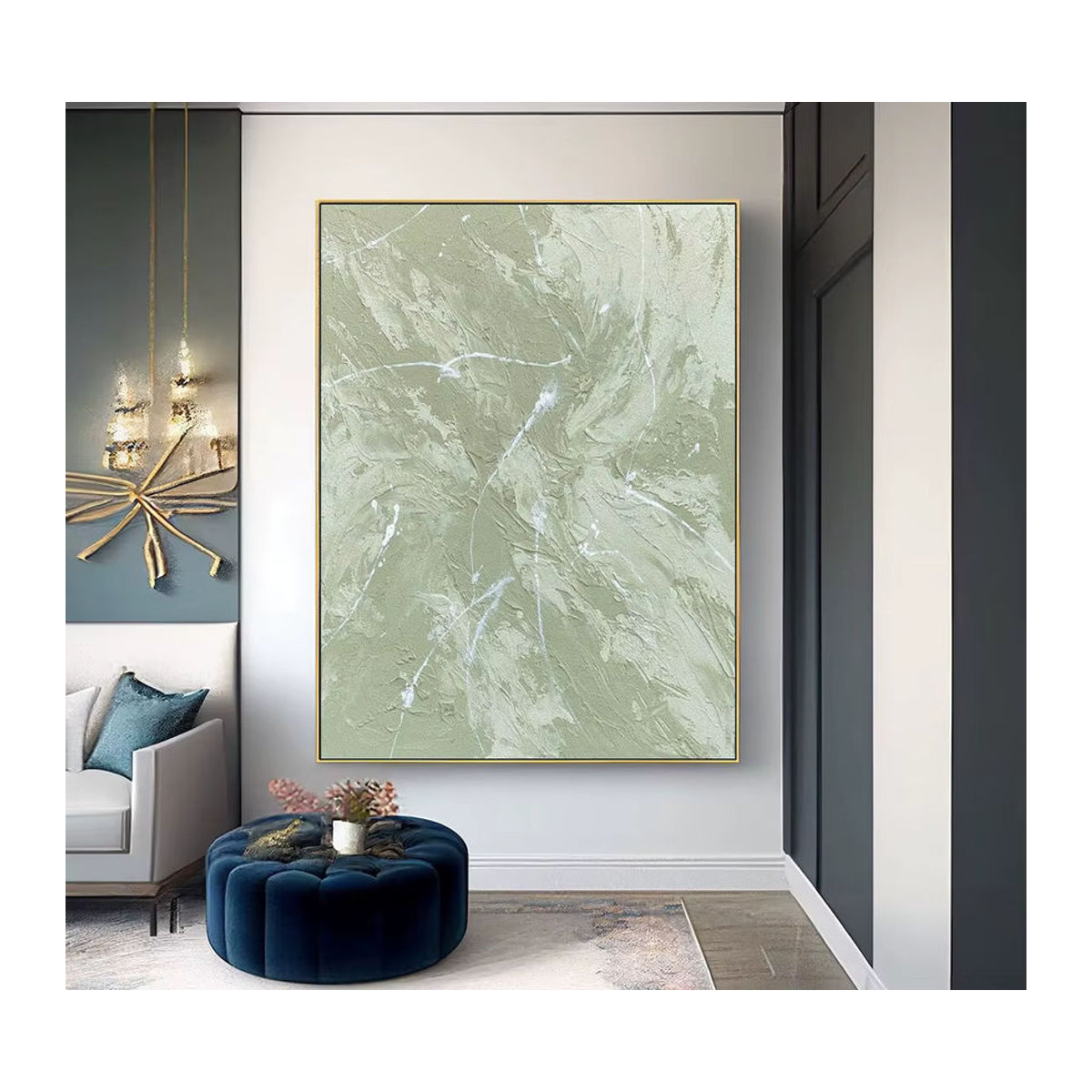 Mhemyo Abstrakte Handgemachte Malerei in Grün und Weiß, Minimalistische Strukturierte Wandkunst für dein Wohnzimmer, Hochformat und Rahmenlos - Bild 3