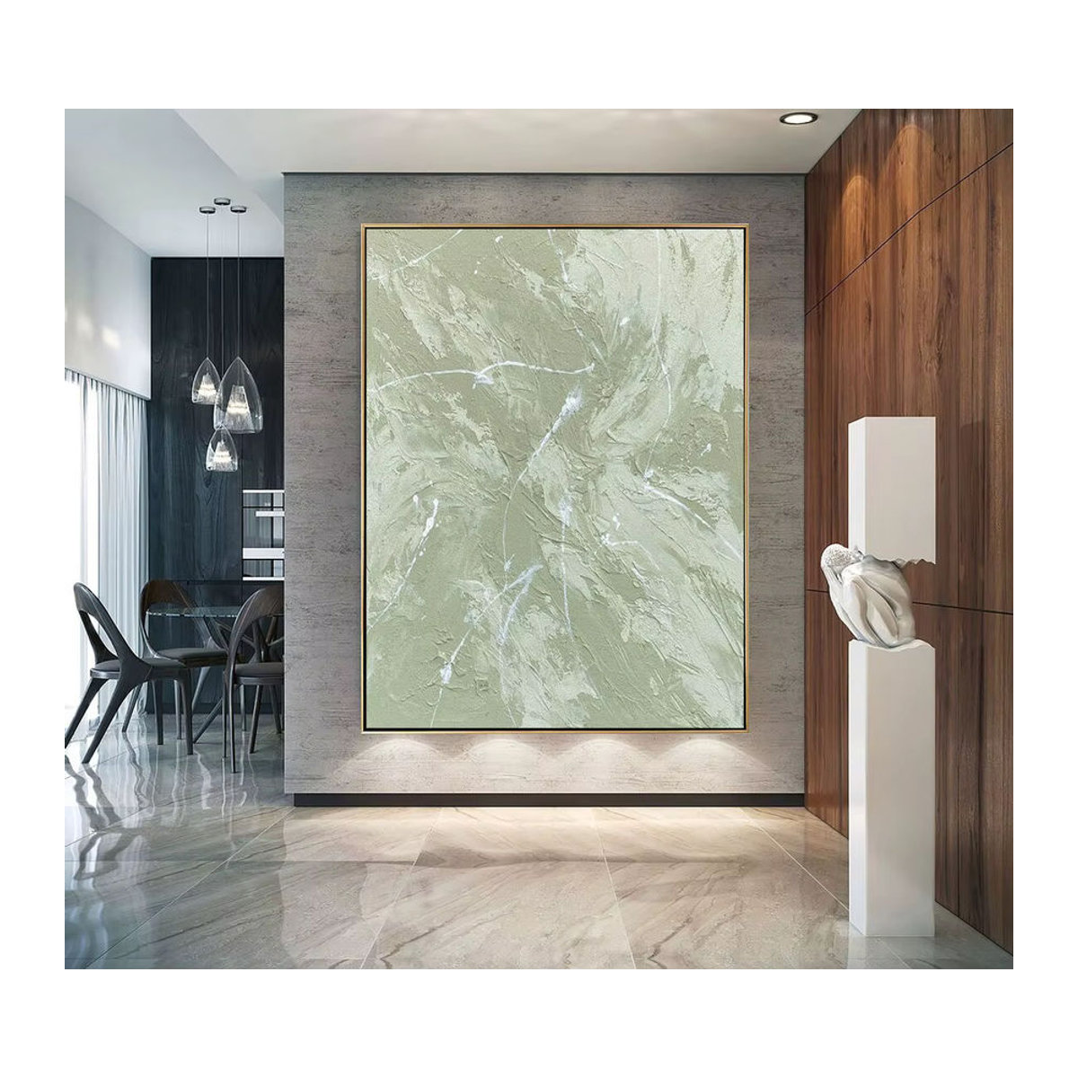 Mhemyo Abstrakte Handgemachte Malerei in Grün und Weiß, Minimalistische Strukturierte Wandkunst für dein Wohnzimmer, Hochformat und Rahmenlos - Bild 4