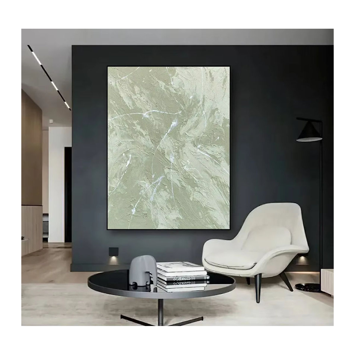 Mhemyo Abstrakte Handgemachte Malerei in Grün und Weiß, Minimalistische Strukturierte Wandkunst für dein Wohnzimmer, Hochformat und Rahmenlos - Bild 5