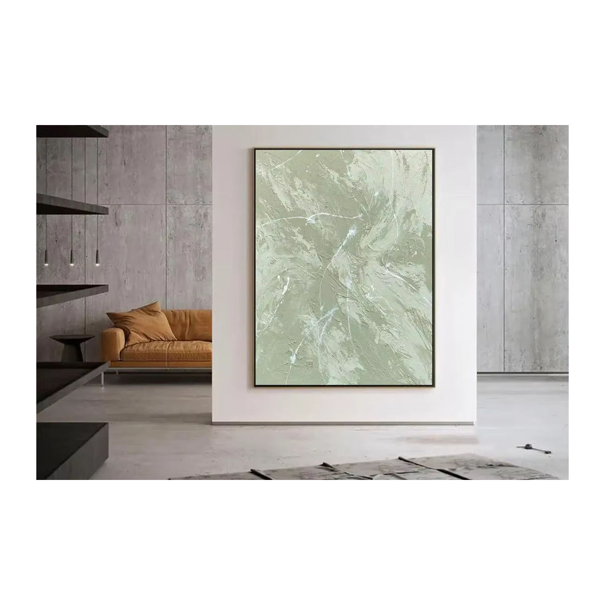Mhemyo Abstrakte Handgemachte Malerei in Grün und Weiß, Minimalistische Strukturierte Wandkunst für dein Wohnzimmer, Hochformat und Rahmenlos - Bild 6
