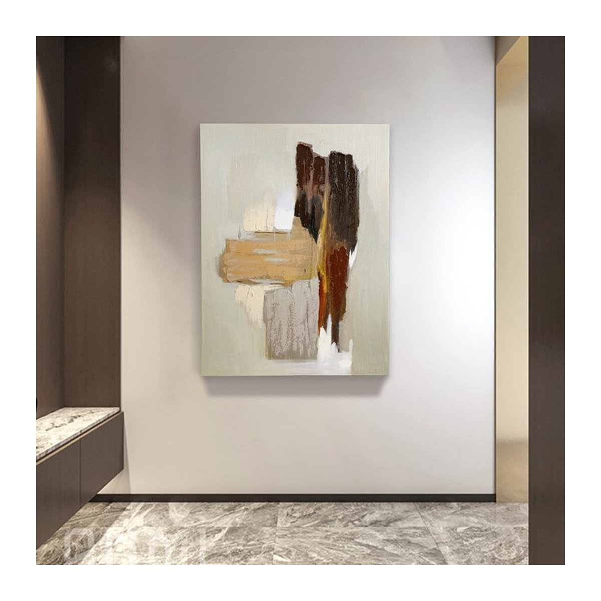 Mhemyo Abstrakte Leinwandmalerei in Beige und Braun, minimalistische Wabi Sabi Wandkunst im Hochformat, rahmenlos - Bild 1