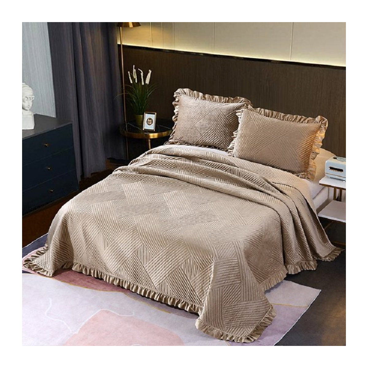 Mi Fa La 3-teiliges Samt-Steppdecken-Set in Rosa und Beige für King-Size-Betten - Bild 1