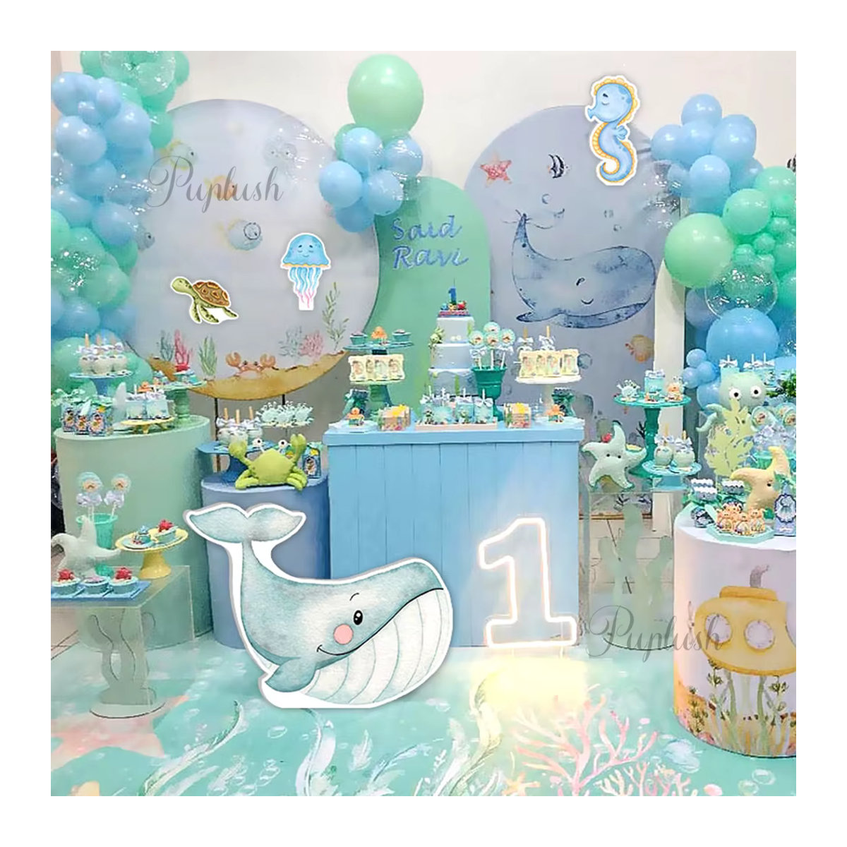 MicroPlush Maritimes Party-Deko Set mit Ozean-Tieren wie Delphin, Wal und Krabben in Mehrfarbig für Kinder, B/H: 45 x 45 cm - Bild 2