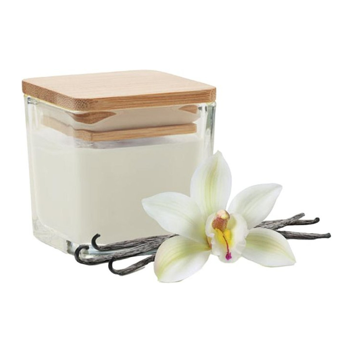 MidOcean Pila Vanilla Square Duftkerze aus Wachs in weißem Glas mit Bambus-Elementen - Bild 1