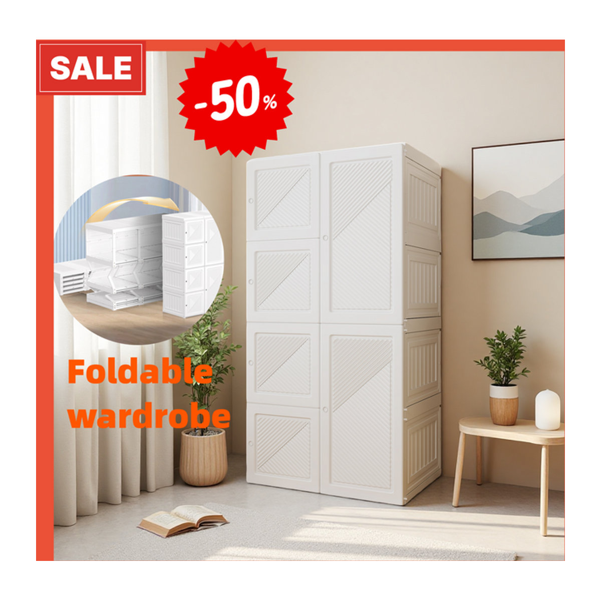 MINGZHE Kleiderschrank mit Kleiderstange und Drehtüren, faltbarer Aufbewahrungsschrank in Weiß, B/T/H: 69 x 50 x 136/170 cm - Bild 1
