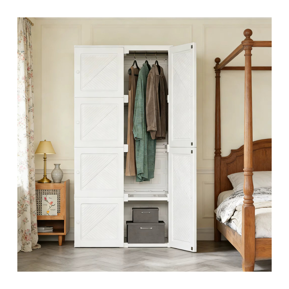 MINGZHE Kleiderschrank mit Kleiderstange und Drehtüren, faltbarer Aufbewahrungsschrank in Weiß, B/T/H: 69 x 50 x 136/170 cm - Bild 2