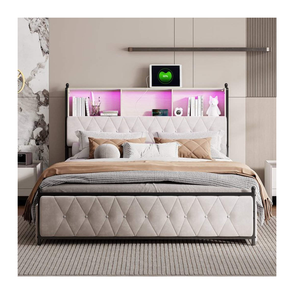 MINGZHE Polsterbett aus Samt mit 4 Schubladen, LED- und USB-Beleuchtung, Modernes Doppelbett in Beige oder Grau, B: 140 cm, L: 200 cm - Bild 1
