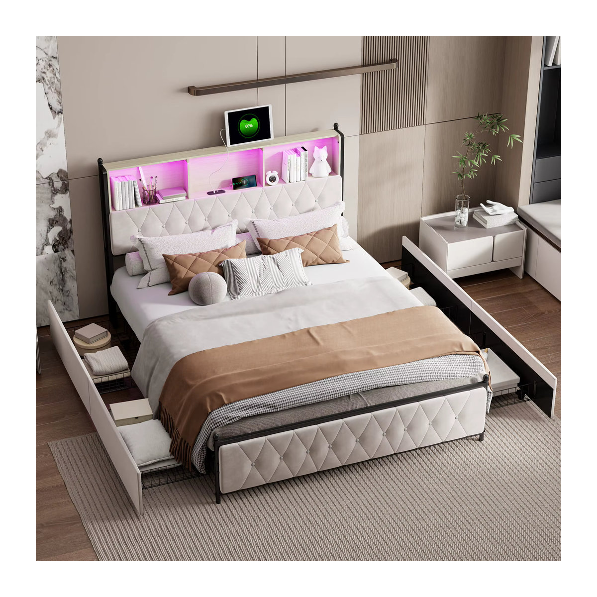 MINGZHE Polsterbett aus Samt mit 4 Schubladen, LED- und USB-Beleuchtung, Modernes Doppelbett in Beige oder Grau, B: 140 cm, L: 200 cm - Bild 2