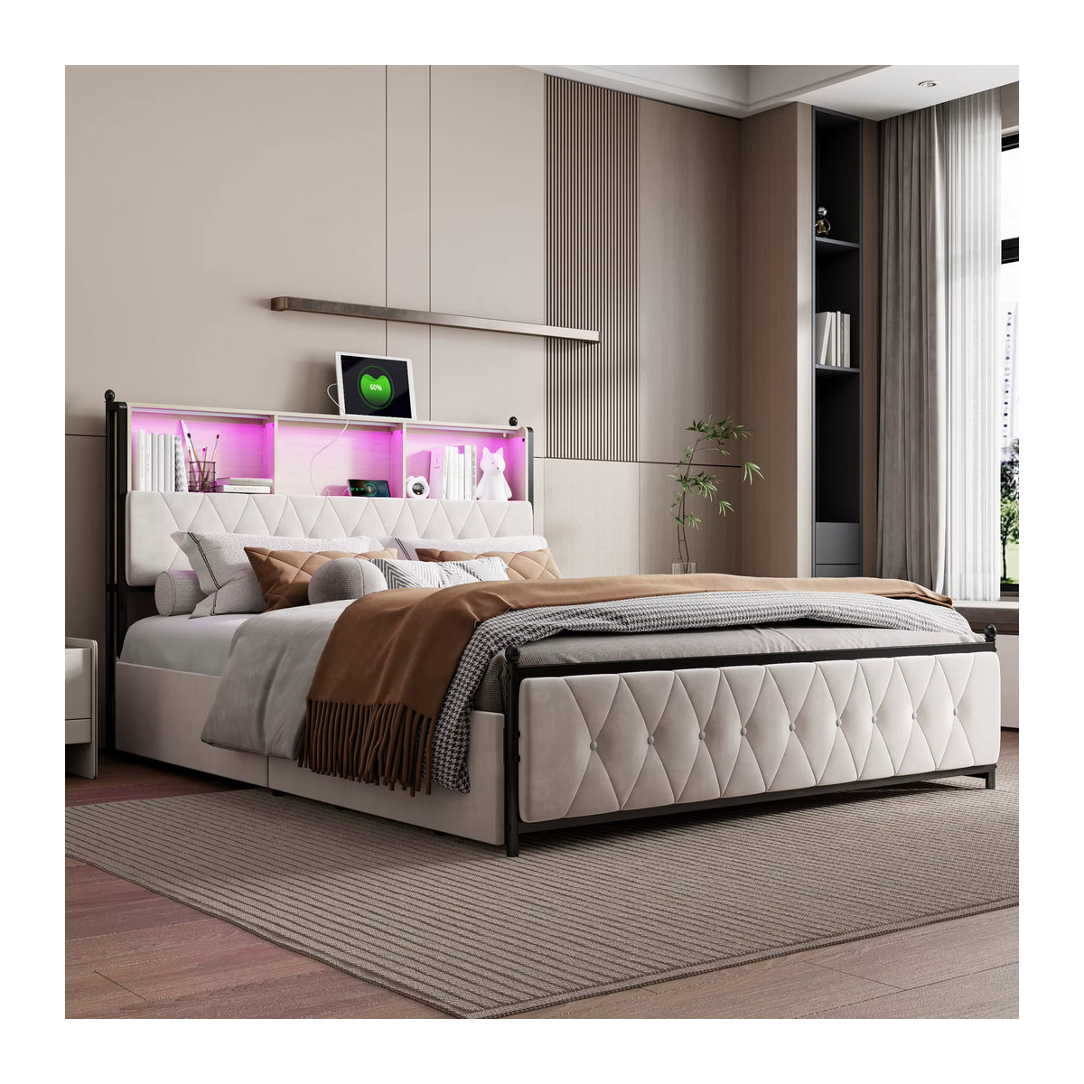MINGZHE Polsterbett aus Samt mit 4 Schubladen, LED- und USB-Beleuchtung, Modernes Doppelbett in Beige oder Grau, B: 140 cm, L: 200 cm - Bild 3
