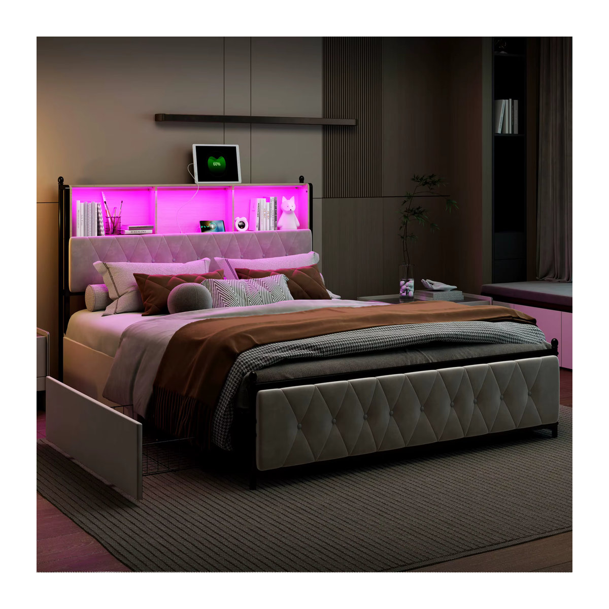 MINGZHE Polsterbett aus Samt mit 4 Schubladen, LED- und USB-Beleuchtung, Modernes Doppelbett in Beige oder Grau, B: 140 cm, L: 200 cm - Bild 4
