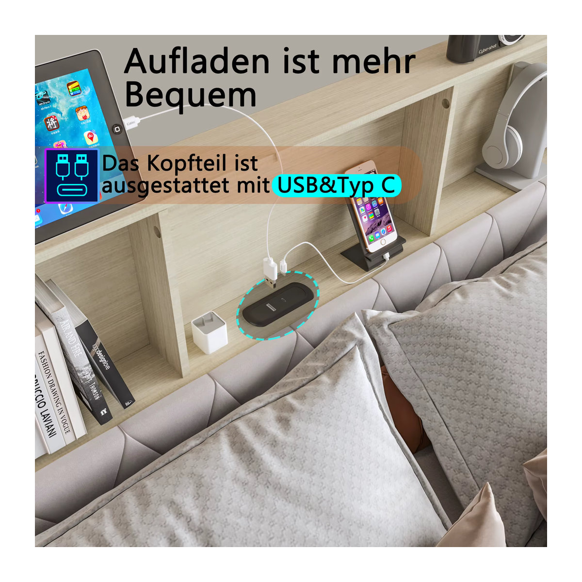 MINGZHE Polsterbett aus Samt mit 4 Schubladen, LED- und USB-Beleuchtung, Modernes Doppelbett in Beige oder Grau, B: 140 cm, L: 200 cm - Bild 5