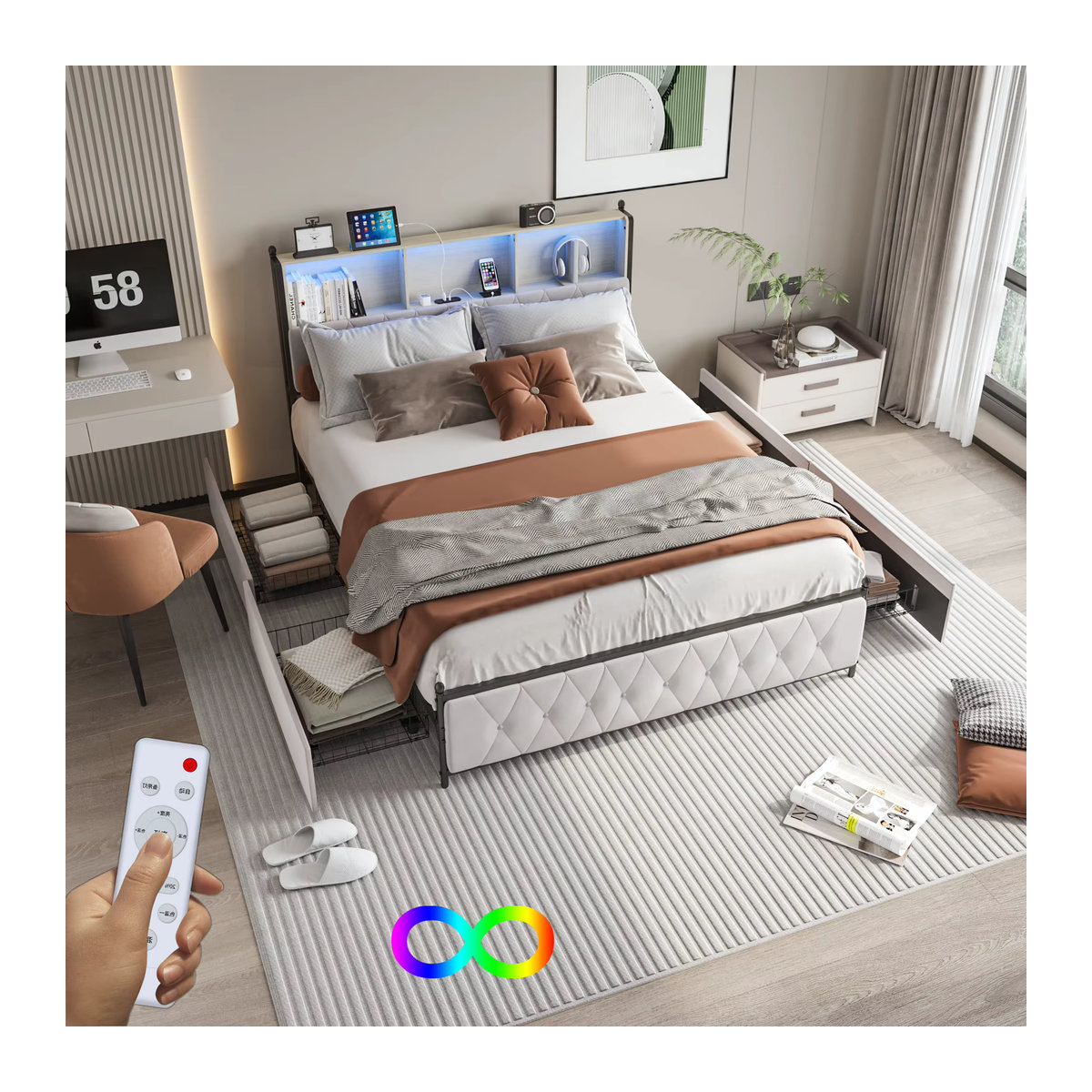 MINGZHE Polsterbett aus Samt mit 4 Schubladen, LED- und USB-Beleuchtung, Modernes Doppelbett in Beige oder Grau, B: 140 cm, L: 200 cm - Bild 6