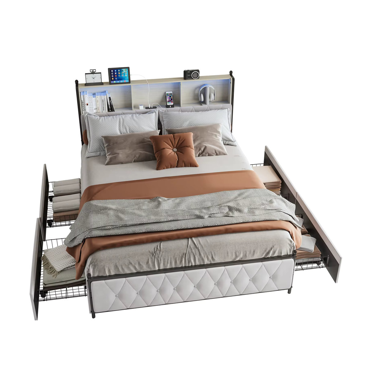 MINGZHE Polsterbett aus Samt mit 4 Schubladen, LED- und USB-Beleuchtung, Modernes Doppelbett in Beige oder Grau, B: 140 cm, L: 200 cm - Bild 7