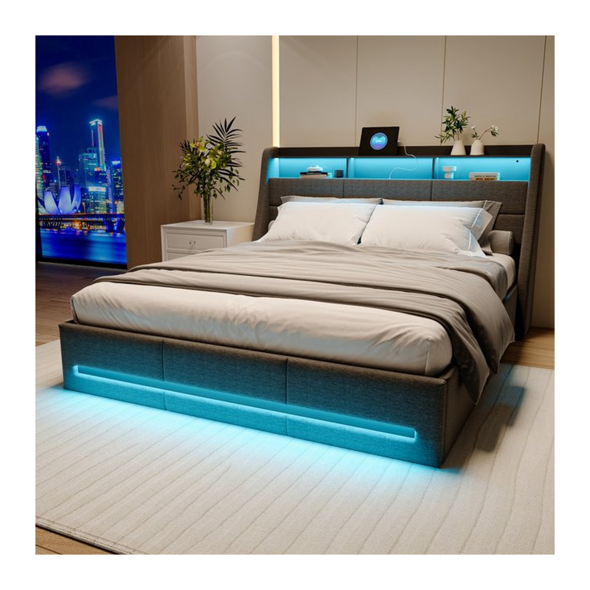 MINGZHE Polsterbett mit hydraulischem Stauraum und Kopfteil in Grau, B/T/H: 160 x 200 cm, mit LED und USB - Bild 1