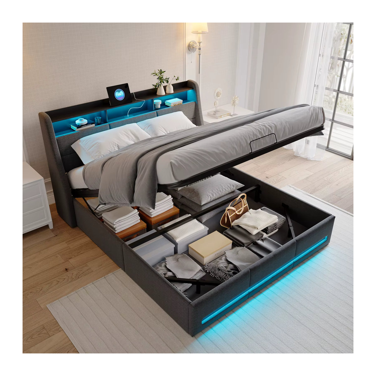MINGZHE Polsterbett mit hydraulischem Stauraum und Kopfteil in Grau, B/T/H: 160 x 200 cm, mit LED und USB - Bild 2