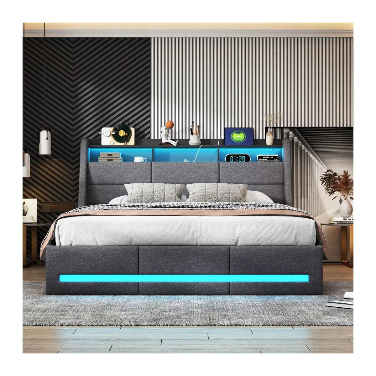 MINGZHE Polsterbett mit hydraulischem Stauraum und Kopfteil in Grau, B/T/H: 160 x 200 cm, mit LED und USB - Bild 3