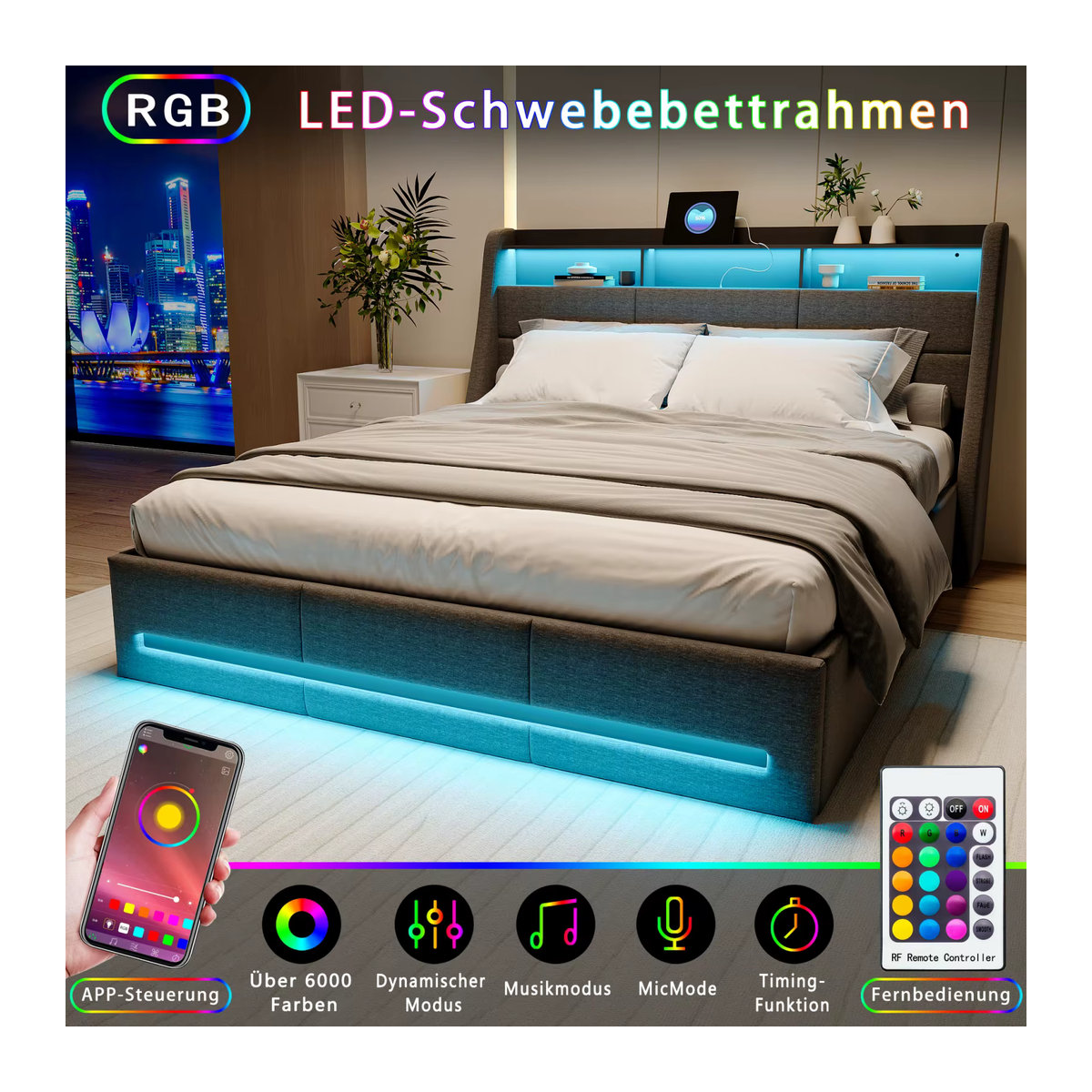 MINGZHE Polsterbett mit hydraulischem Stauraum und Kopfteil in Grau, B/T/H: 160 x 200 cm, mit LED und USB - Bild 4