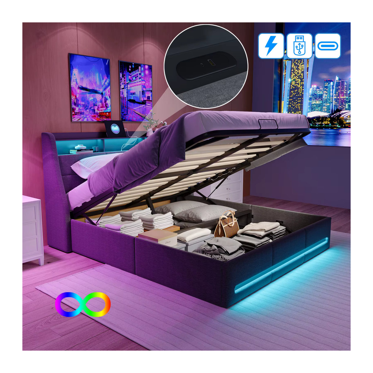MINGZHE Polsterbett mit hydraulischem Stauraum und Kopfteil in Grau, B/T/H: 160 x 200 cm, mit LED und USB - Bild 5