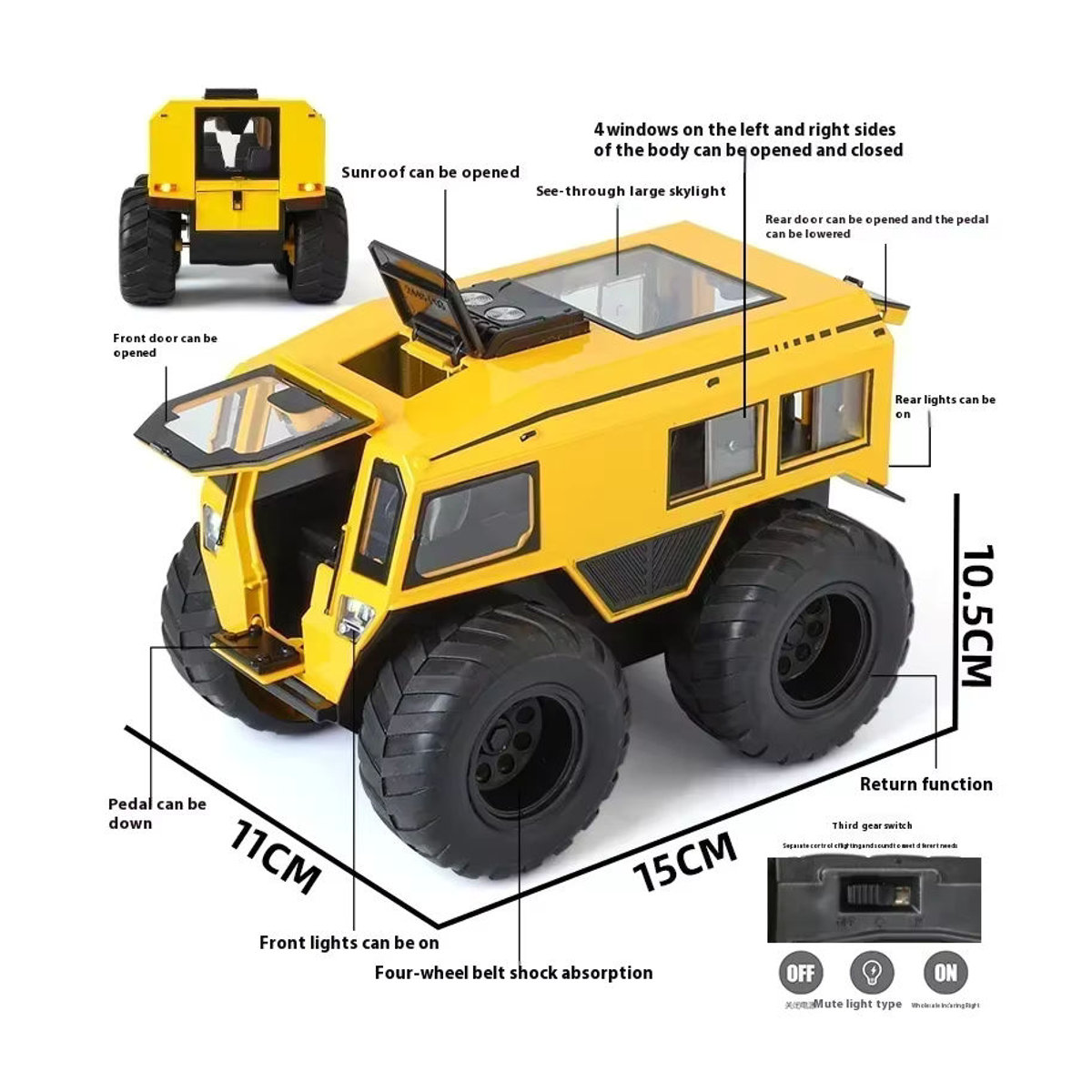 Mini Auto Sherp All-Terrain Geländewagen aus Metall Druckguss mit Sound und Licht in Schwarz und Gelb als Sammlerstück und Deko-Modell - Bild 3