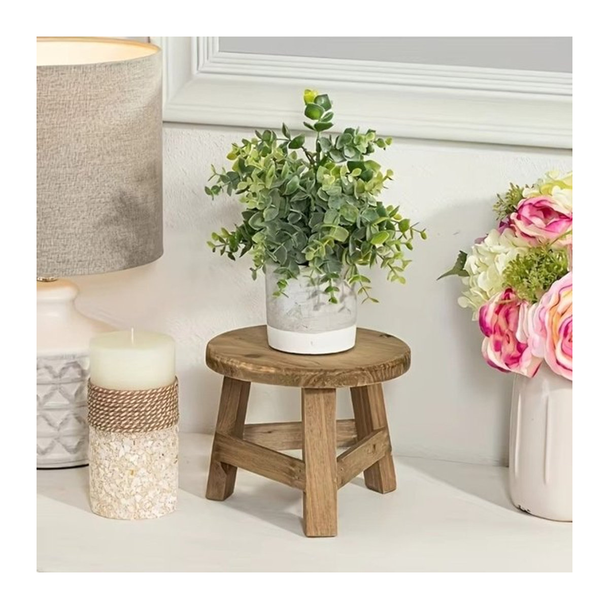 Mini Holz Hocker als Blumen Display Stand und Pflanzregal für Bonsai und Topfpflanzen mit Holzmaserung - Bild 1