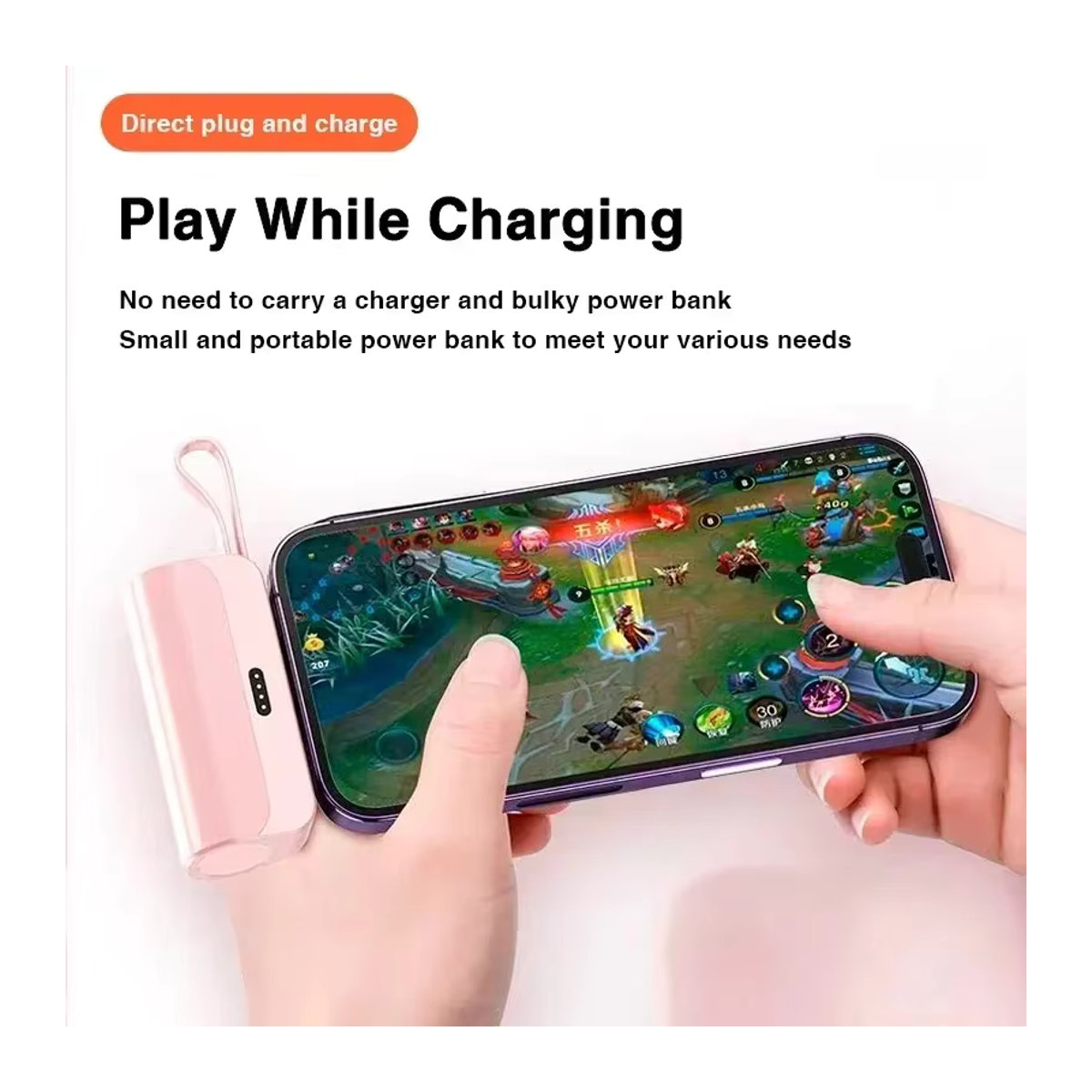 Mini Power Bank Kapsel Design Tragbares Ladegerät mit integriertem Kabel 30000 mAh Schnellladegerät für iPhone und Xiaomi in Rosa - Bild 1