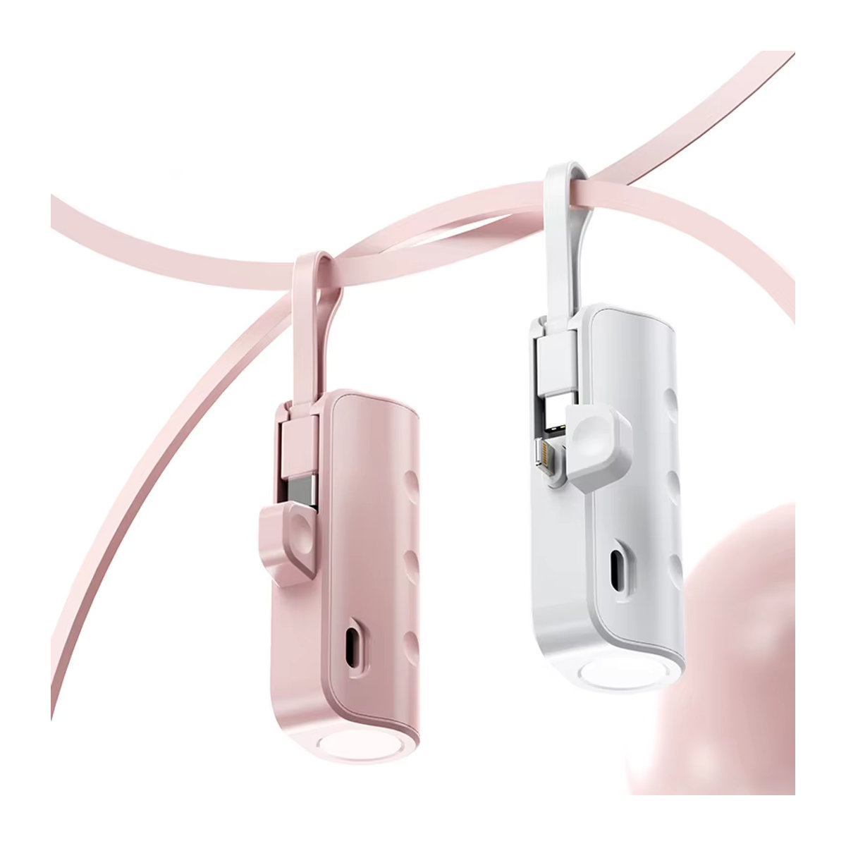 Mini Power Bank Kapsel Design Tragbares Ladegerät mit integriertem Kabel 30000 mAh Schnellladegerät für iPhone und Xiaomi in Rosa - Bild 2