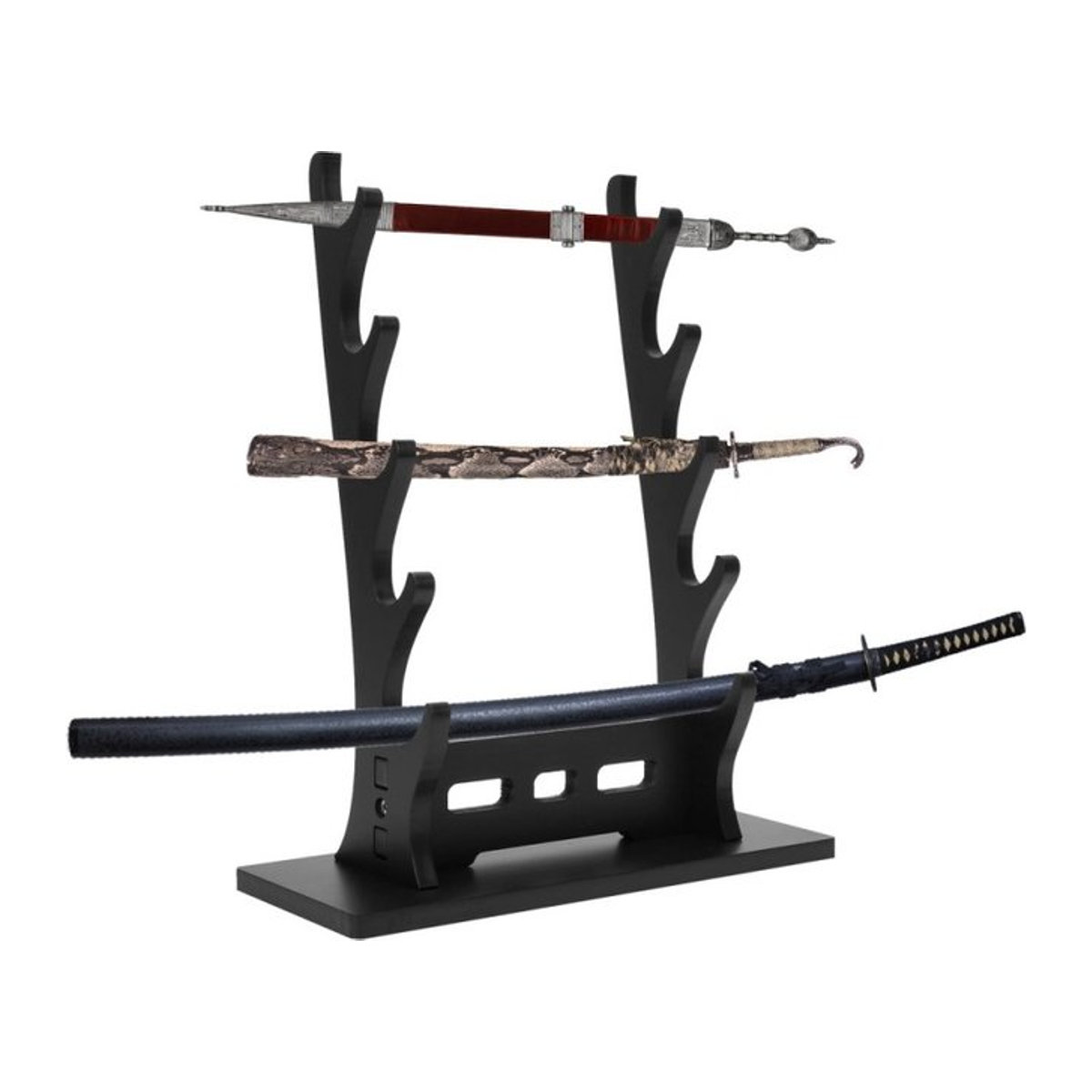 Mini-Schwertständer aus Holz in Schwarz, 4-stufiges Display für Katana, Tanto und Rapier für den Schreibtisch - Bild 1