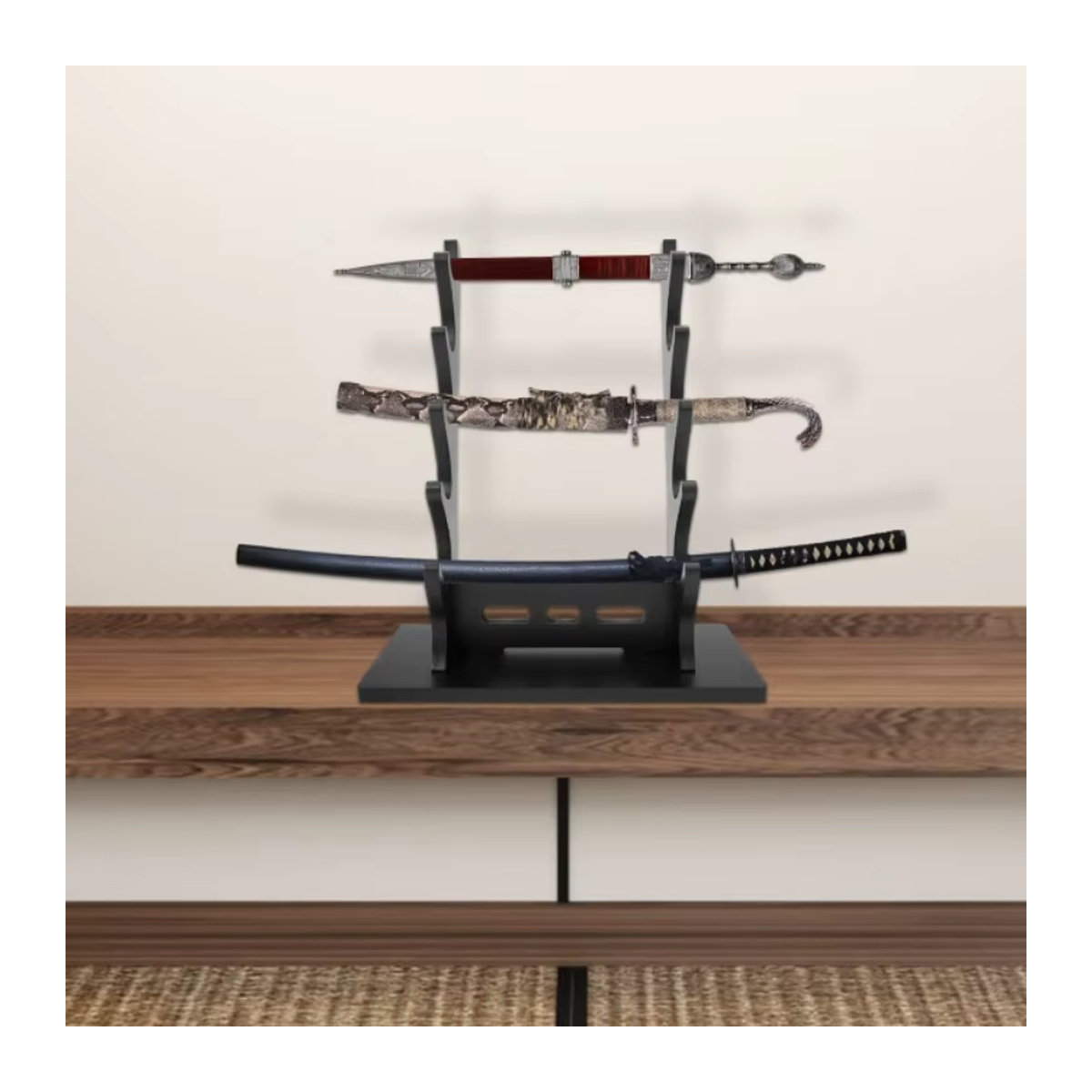 Mini-Schwertständer aus Holz in Schwarz, 4-stufiges Display für Katana, Tanto und Rapier für den Schreibtisch - Bild 4