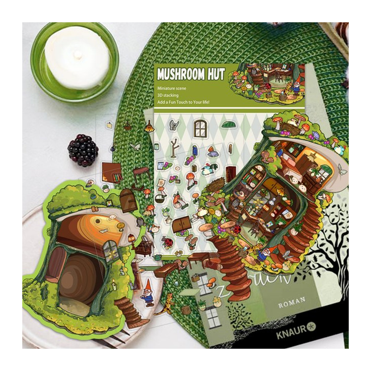 Miniatur-Aufkleber Set The Mushroom Hut mit Gnome Elf Cottage und Mossy Log Cabin für Landschaftsbau und Dekoration, mehrfarbig - Bild 1