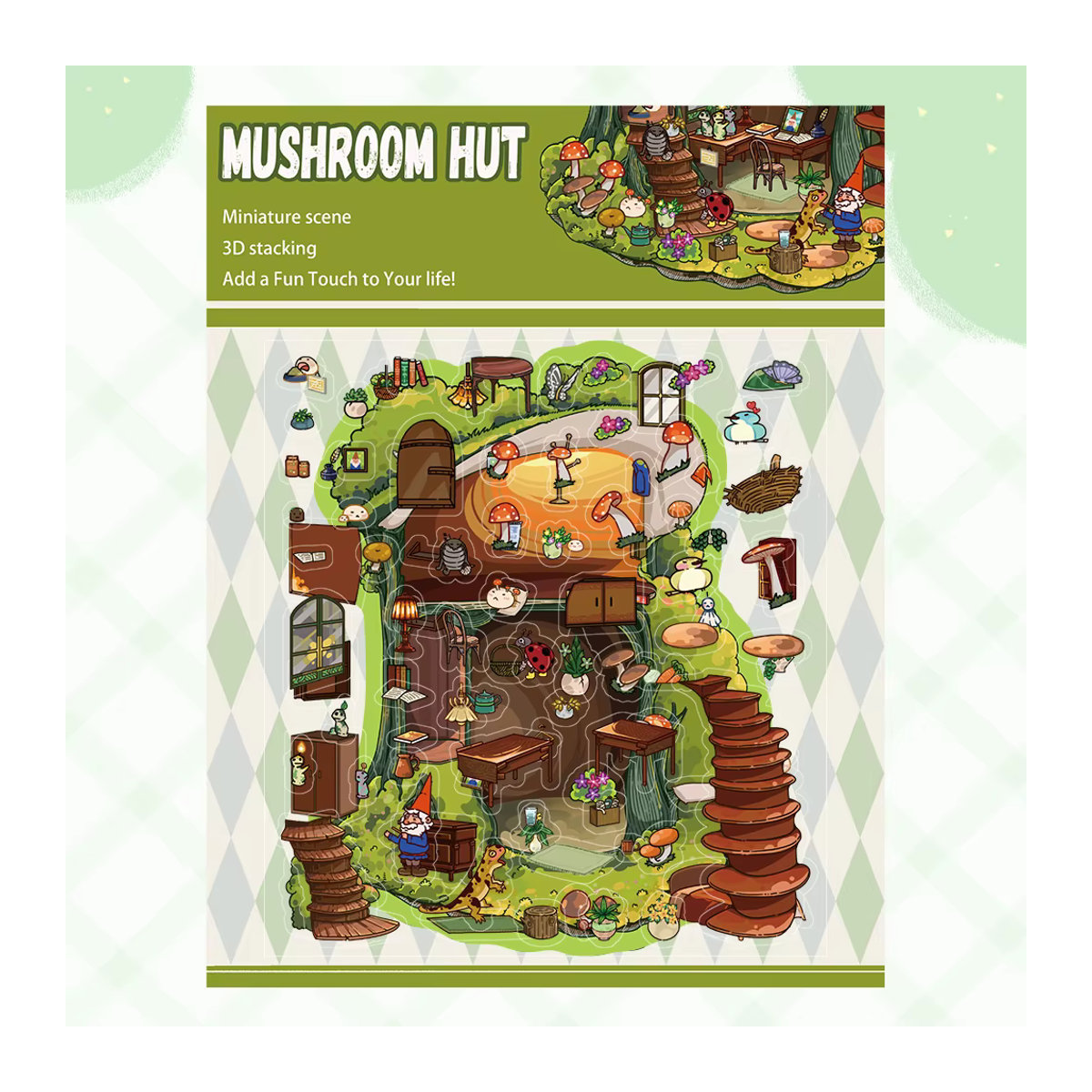 Miniatur-Aufkleber Set The Mushroom Hut mit Gnome Elf Cottage und Mossy Log Cabin für Landschaftsbau und Dekoration, mehrfarbig - Bild 6