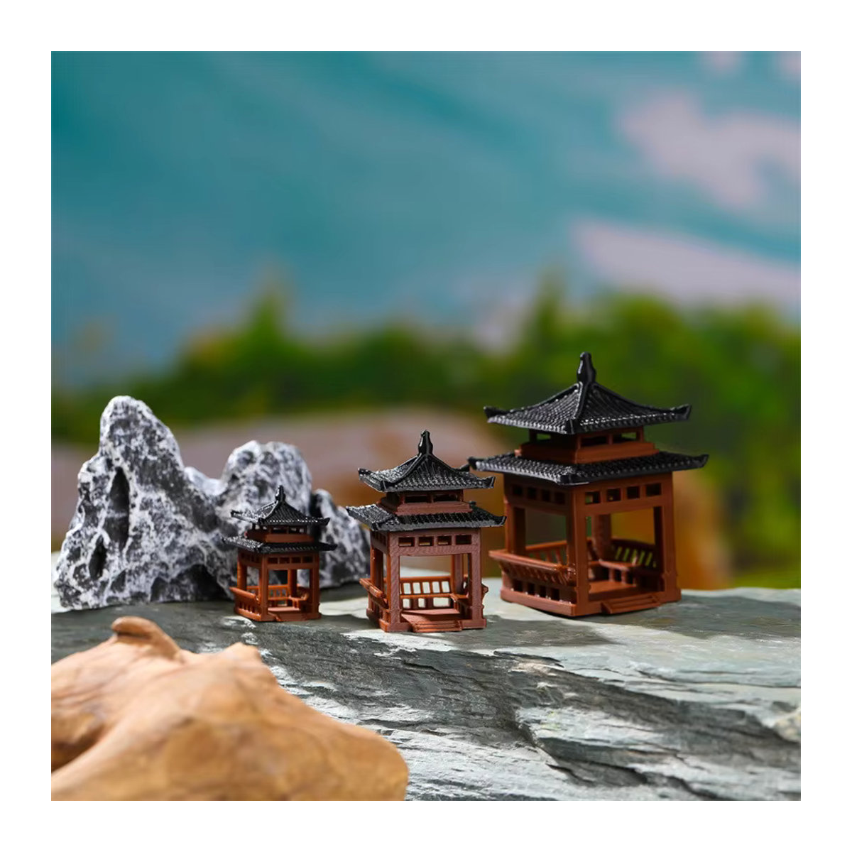 Miniatur-Pagoden-Statue JETTING in Braun, Sechseckiger Bonsai-Pavillon aus Kunstharz für Mikro-Landschaften - Bild 3