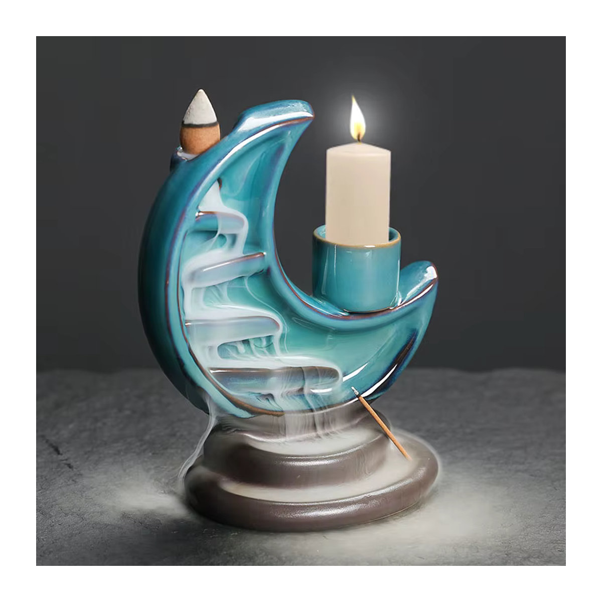 MINIDEAL 3-in-1 Keramik Mond Wasserfall Räuchergefäß mit Rückflussfunktion, Kerzenhalter und Räucherstäbchenbrenner in Blau - Bild 2