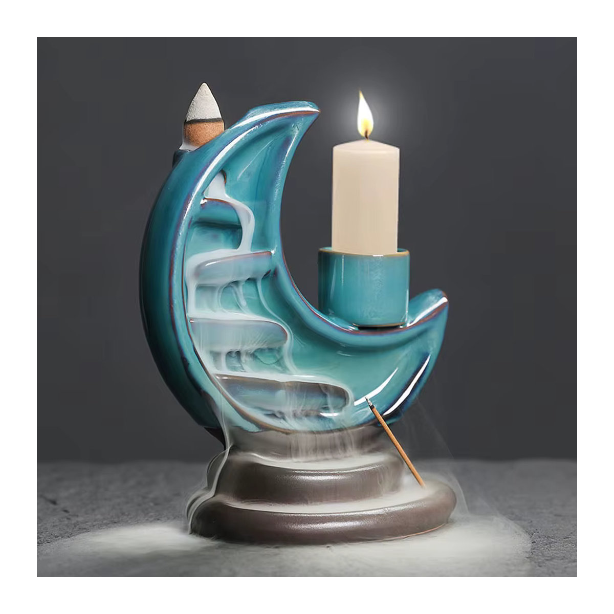 MINIDEAL 3-in-1 Keramik Mond Wasserfall Räuchergefäß mit Rückflussfunktion, Kerzenhalter und Räucherstäbchenbrenner in Blau - Bild 3