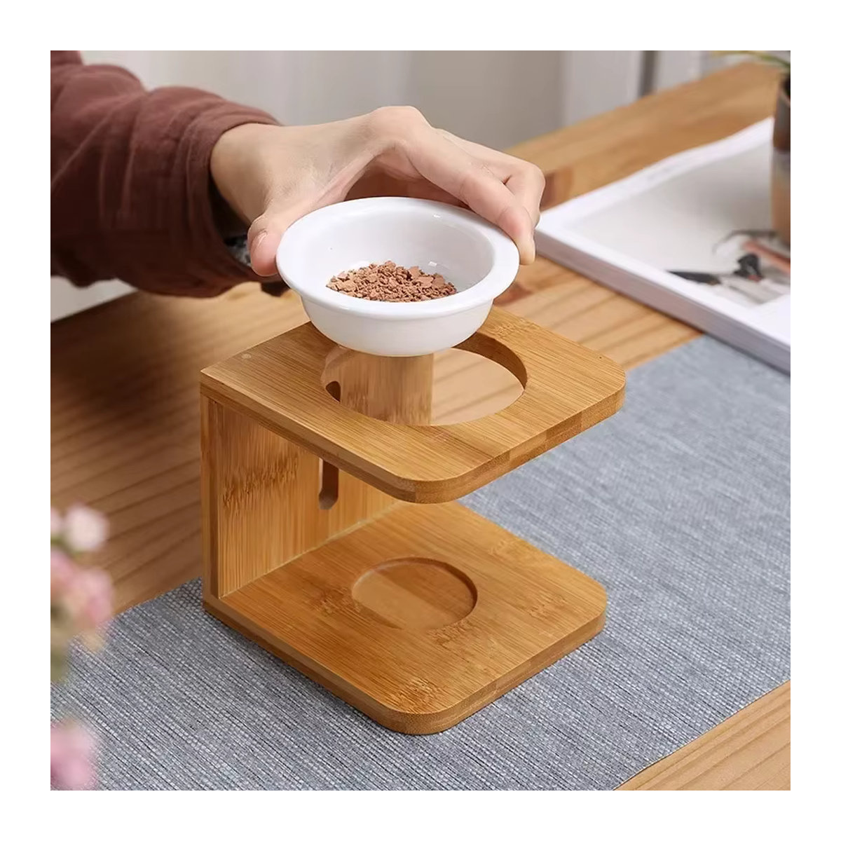 MINIDEAL Aromabrenner aus Keramik und Holz in Braun mit Teelichthalter für ätherische Öle und Aromatherapie - Bild 3